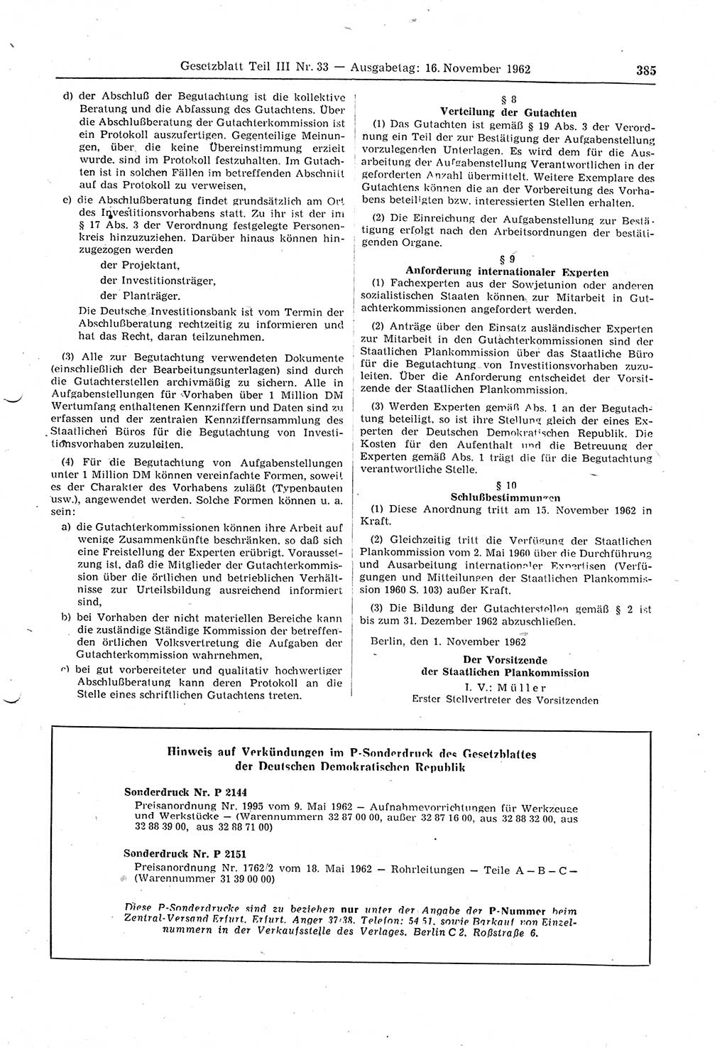 Gesetzblatt (GBl.) der Deutschen Demokratischen Republik (DDR) Teil ⅠⅠⅠ 1962, Seite 385 (GBl. DDR ⅠⅠⅠ 1962, S. 385)