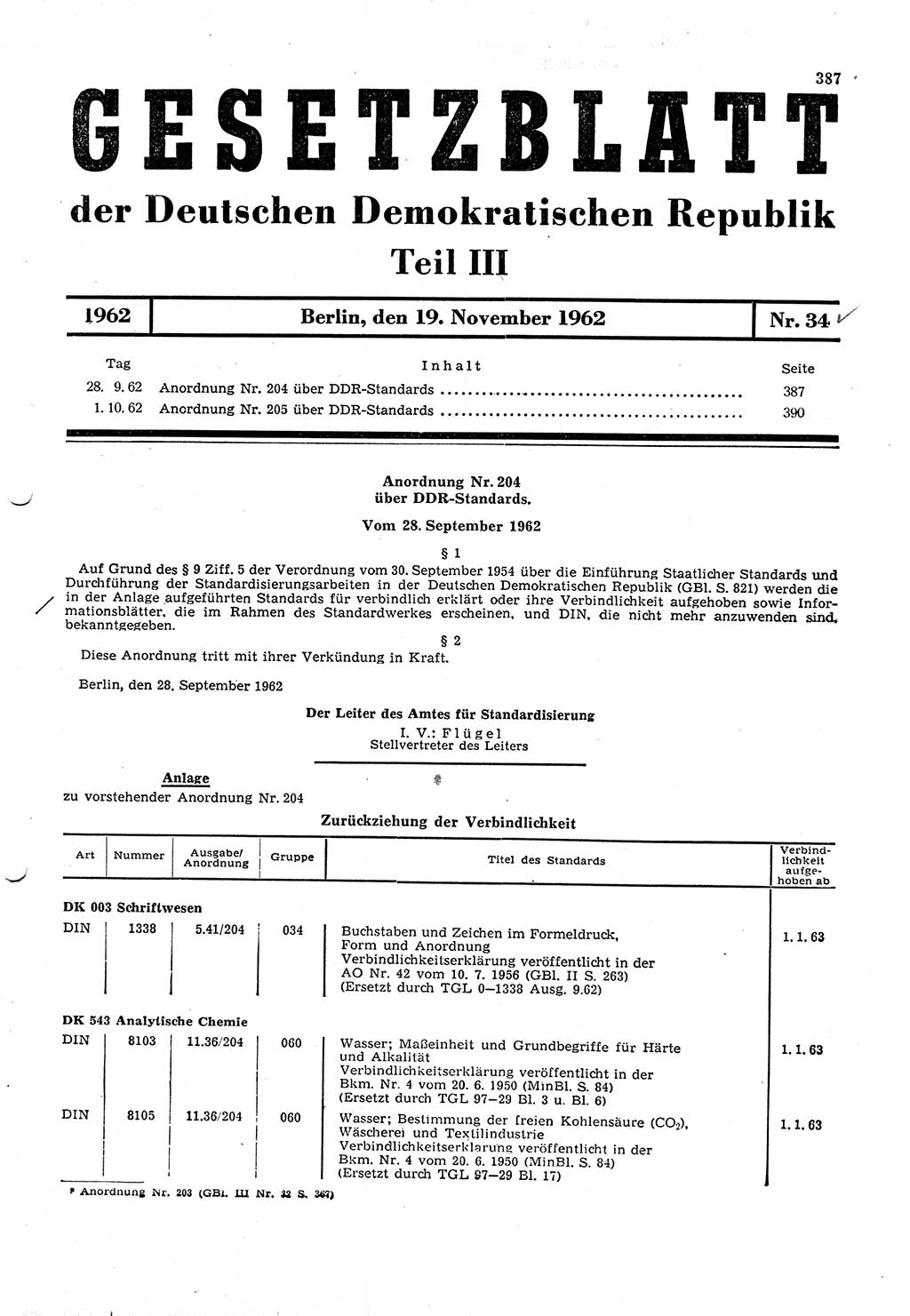 Gesetzblatt (GBl.) der Deutschen Demokratischen Republik (DDR) Teil ⅠⅠⅠ 1962, Seite 387 (GBl. DDR ⅠⅠⅠ 1962, S. 387)