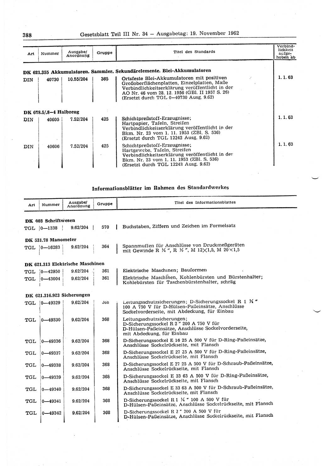 Gesetzblatt (GBl.) der Deutschen Demokratischen Republik (DDR) Teil ⅠⅠⅠ 1962, Seite 388 (GBl. DDR ⅠⅠⅠ 1962, S. 388)