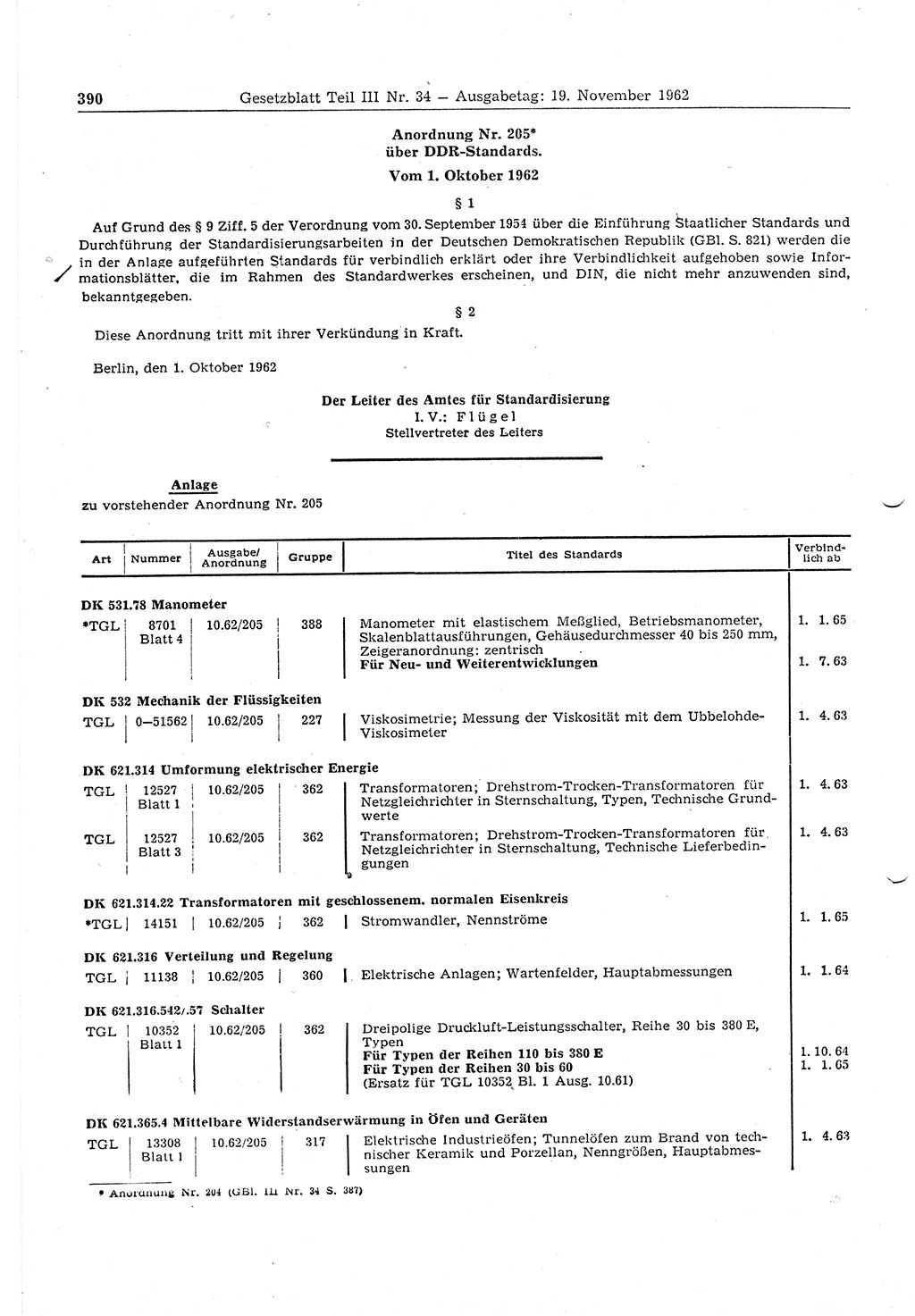 Gesetzblatt (GBl.) der Deutschen Demokratischen Republik (DDR) Teil ⅠⅠⅠ 1962, Seite 390 (GBl. DDR ⅠⅠⅠ 1962, S. 390)