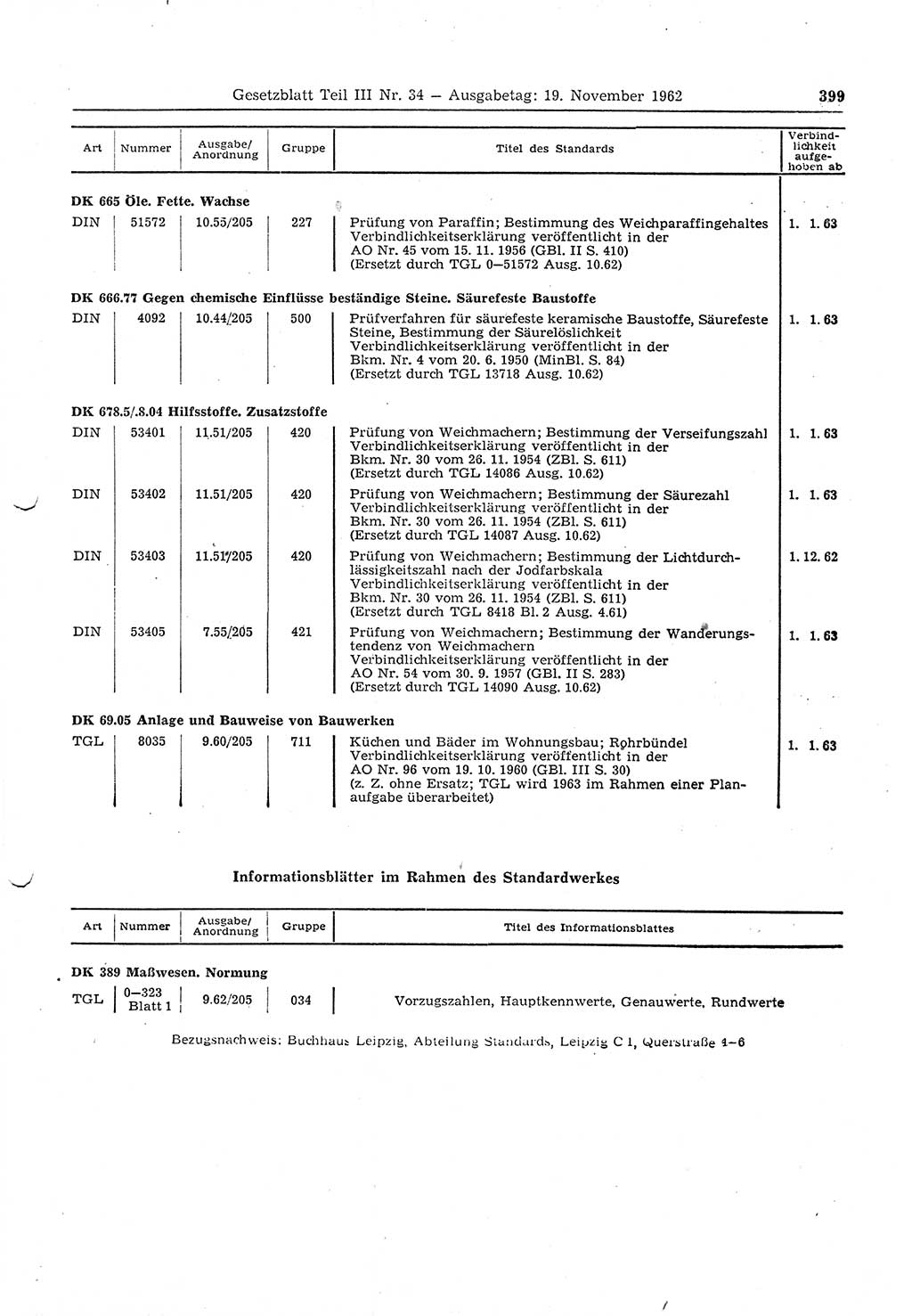 Gesetzblatt (GBl.) der Deutschen Demokratischen Republik (DDR) Teil ⅠⅠⅠ 1962, Seite 399 (GBl. DDR ⅠⅠⅠ 1962, S. 399)