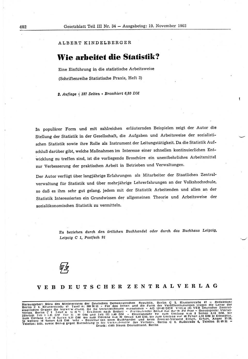 Gesetzblatt (GBl.) der Deutschen Demokratischen Republik (DDR) Teil ⅠⅠⅠ 1962, Seite 402 (GBl. DDR ⅠⅠⅠ 1962, S. 402)