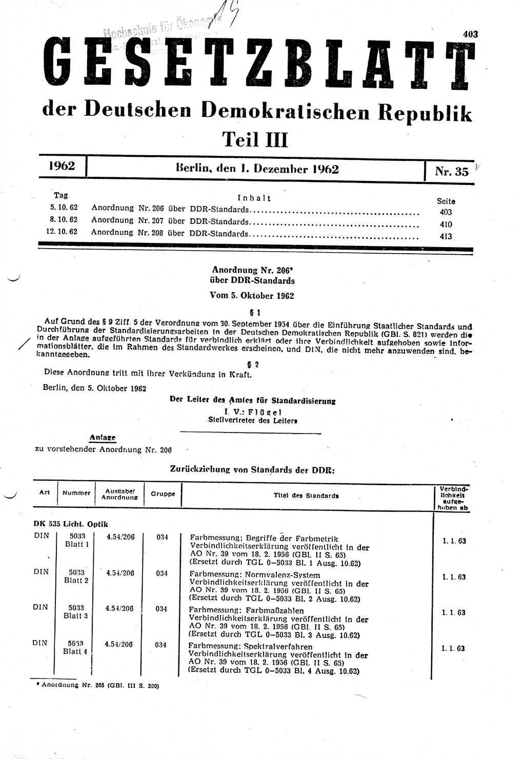 Gesetzblatt (GBl.) der Deutschen Demokratischen Republik (DDR) Teil ⅠⅠⅠ 1962, Seite 403 (GBl. DDR ⅠⅠⅠ 1962, S. 403)