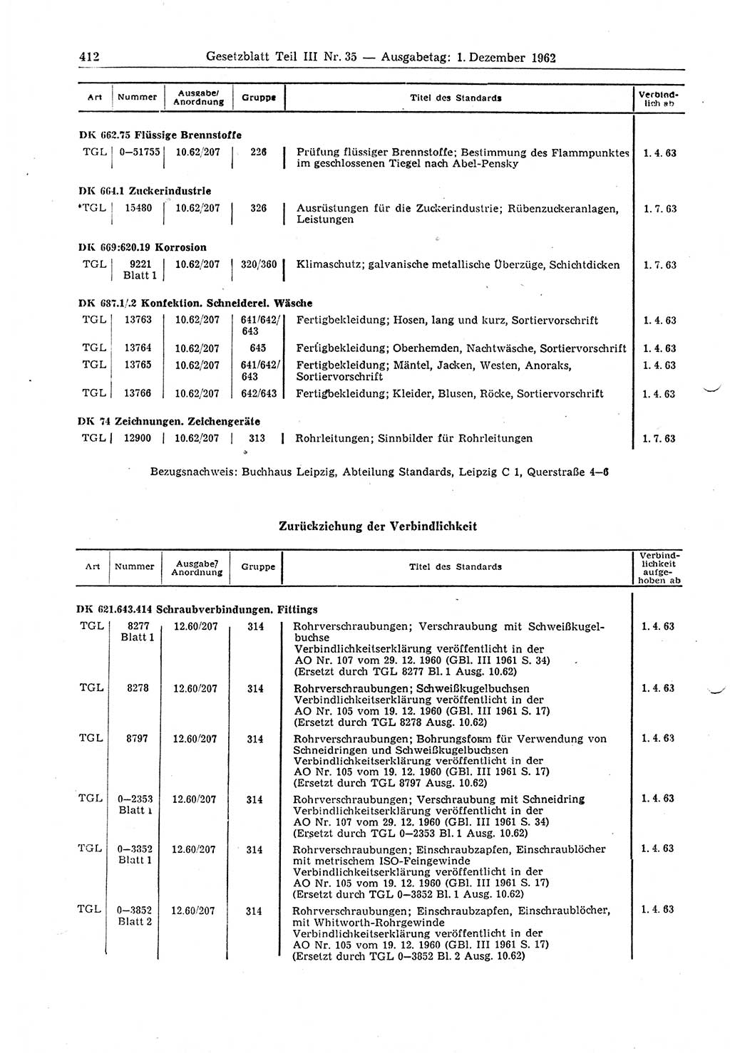 Gesetzblatt (GBl.) der Deutschen Demokratischen Republik (DDR) Teil ⅠⅠⅠ 1962, Seite 412 (GBl. DDR ⅠⅠⅠ 1962, S. 412)