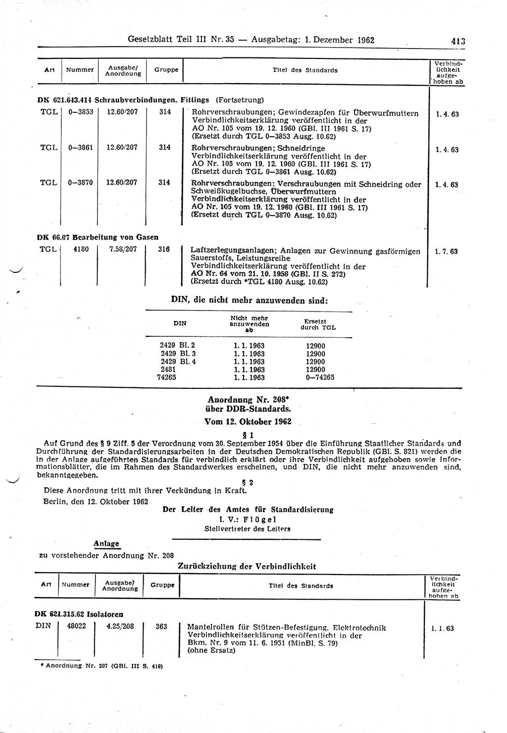 Gesetzblatt (GBl.) der Deutschen Demokratischen Republik (DDR) Teil ⅠⅠⅠ 1962, Seite 413 (GBl. DDR ⅠⅠⅠ 1962, S. 413)