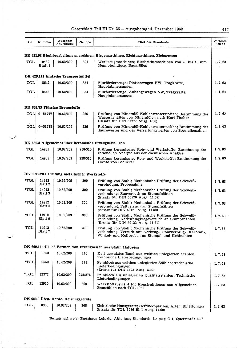 Gesetzblatt (GBl.) der Deutschen Demokratischen Republik (DDR) Teil ⅠⅠⅠ 1962, Seite 417 (GBl. DDR ⅠⅠⅠ 1962, S. 417)