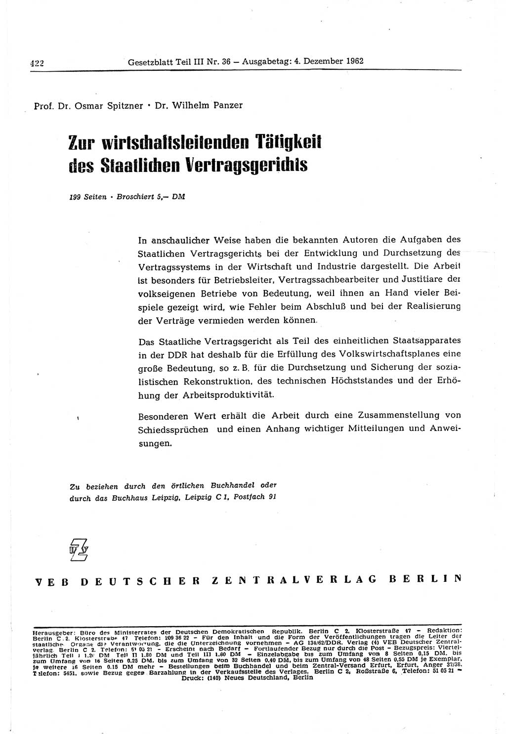 Gesetzblatt (GBl.) der Deutschen Demokratischen Republik (DDR) Teil ⅠⅠⅠ 1962, Seite 422 (GBl. DDR ⅠⅠⅠ 1962, S. 422)