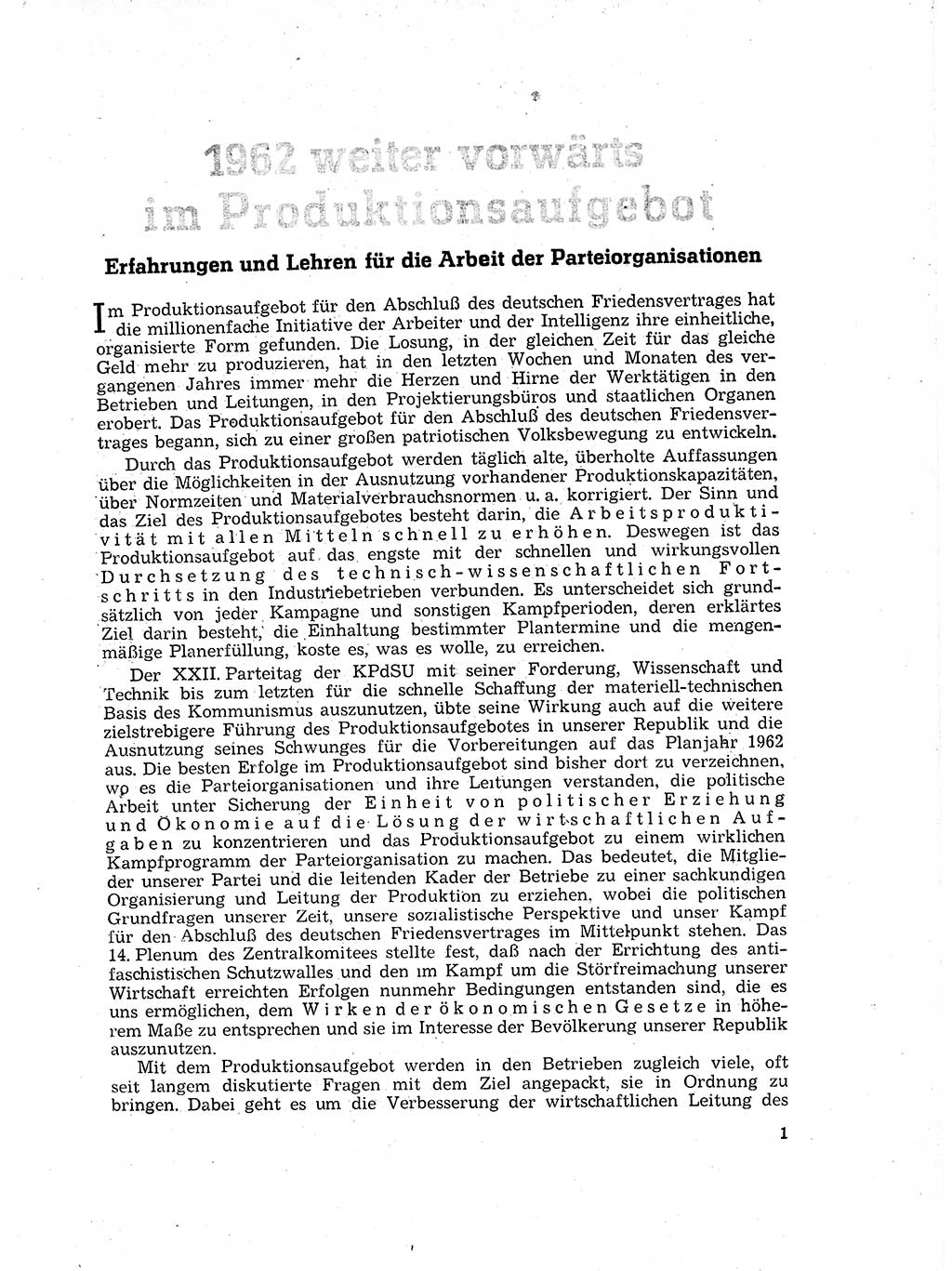 Neuer Weg (NW), Organ des Zentralkomitees (ZK) der SED (Sozialistische Einheitspartei Deutschlands) für Fragen des Parteilebens, 17. Jahrgang [Deutsche Demokratische Republik (DDR)] 1962, Seite 1 (NW ZK SED DDR 1962, S. 1)