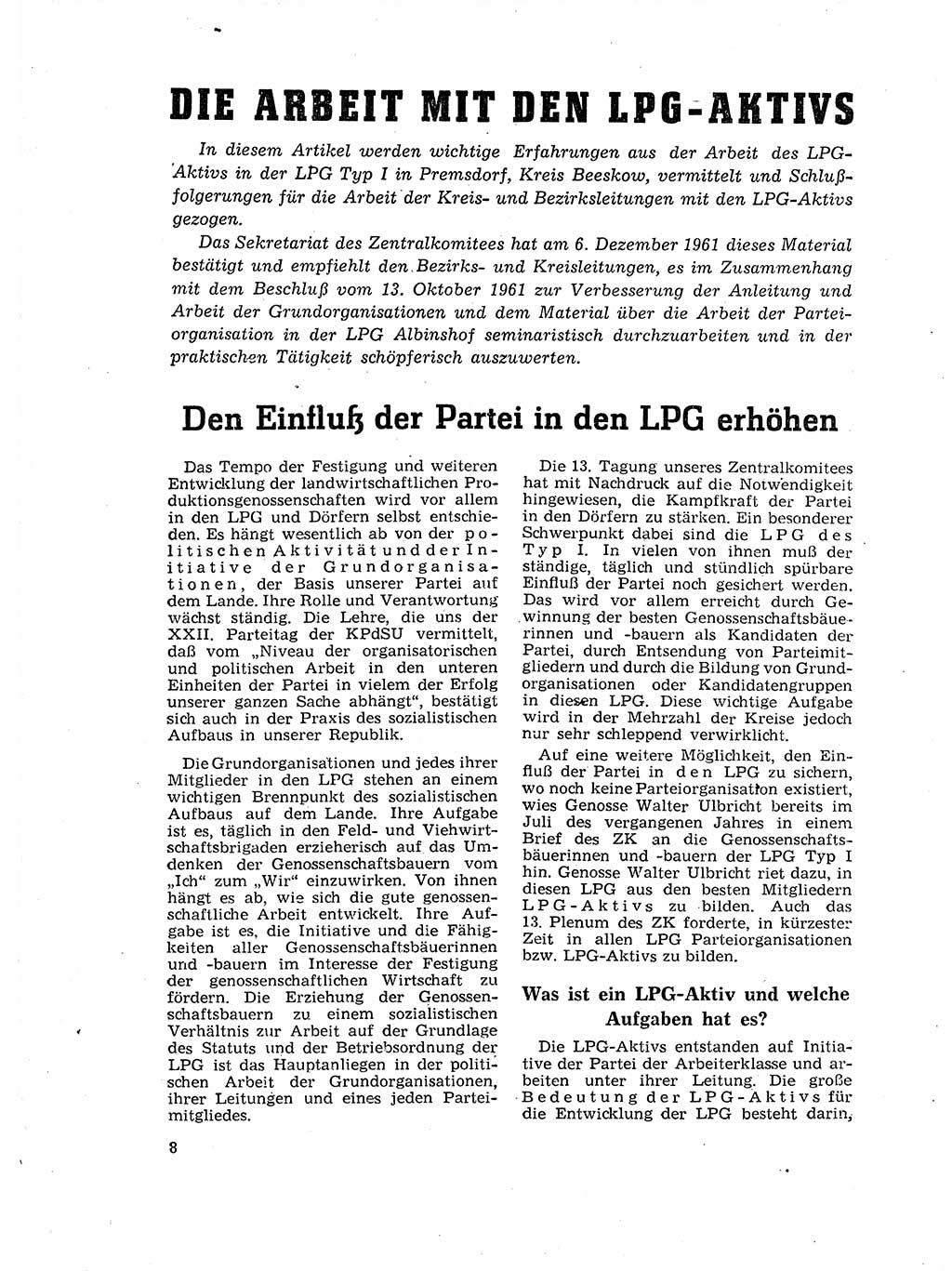 Neuer Weg (NW), Organ des Zentralkomitees (ZK) der SED (Sozialistische Einheitspartei Deutschlands) für Fragen des Parteilebens, 17. Jahrgang [Deutsche Demokratische Republik (DDR)] 1962, Seite 8 (NW ZK SED DDR 1962, S. 8)