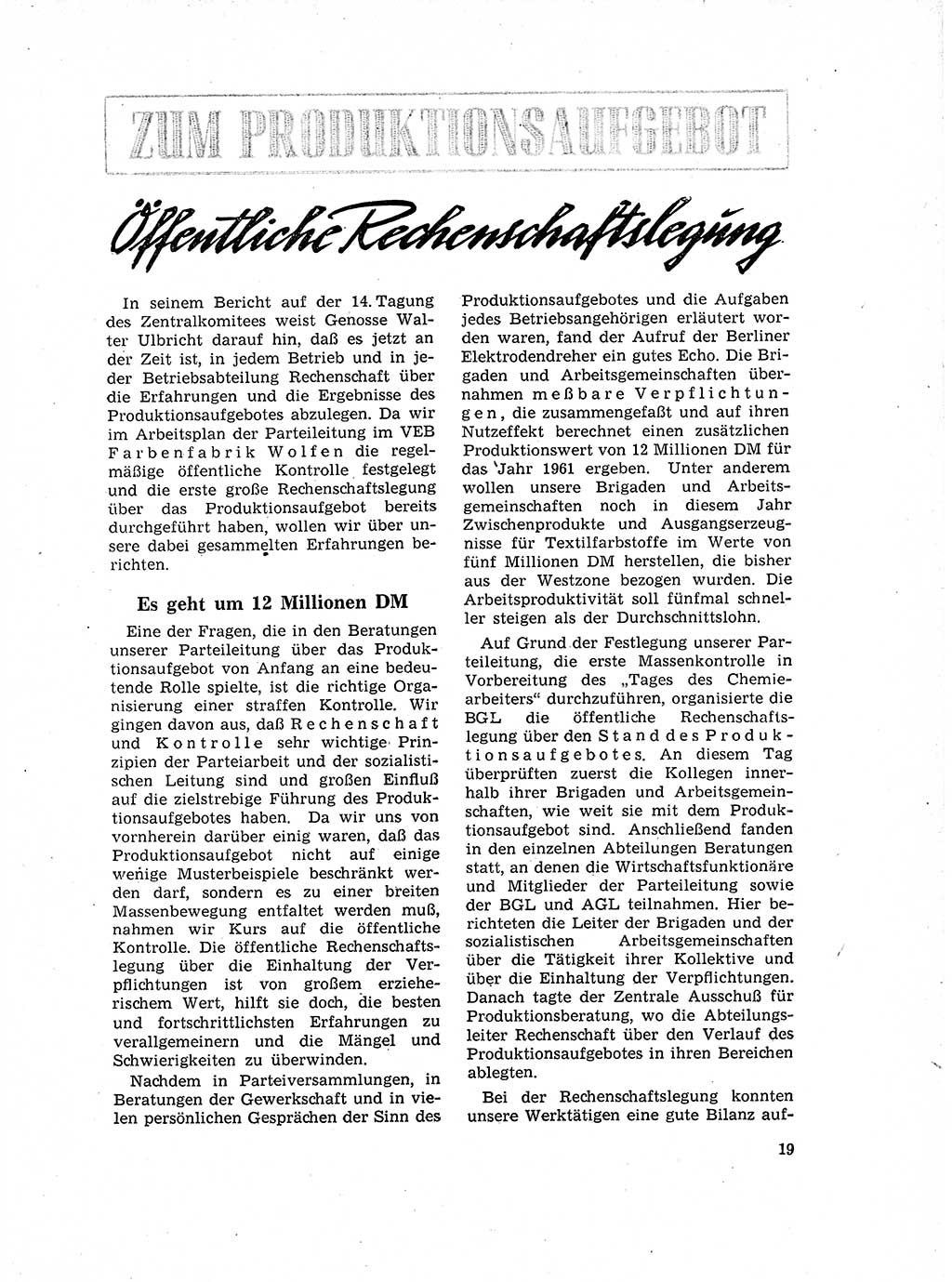 Neuer Weg (NW), Organ des Zentralkomitees (ZK) der SED (Sozialistische Einheitspartei Deutschlands) für Fragen des Parteilebens, 17. Jahrgang [Deutsche Demokratische Republik (DDR)] 1962, Seite 19 (NW ZK SED DDR 1962, S. 19)