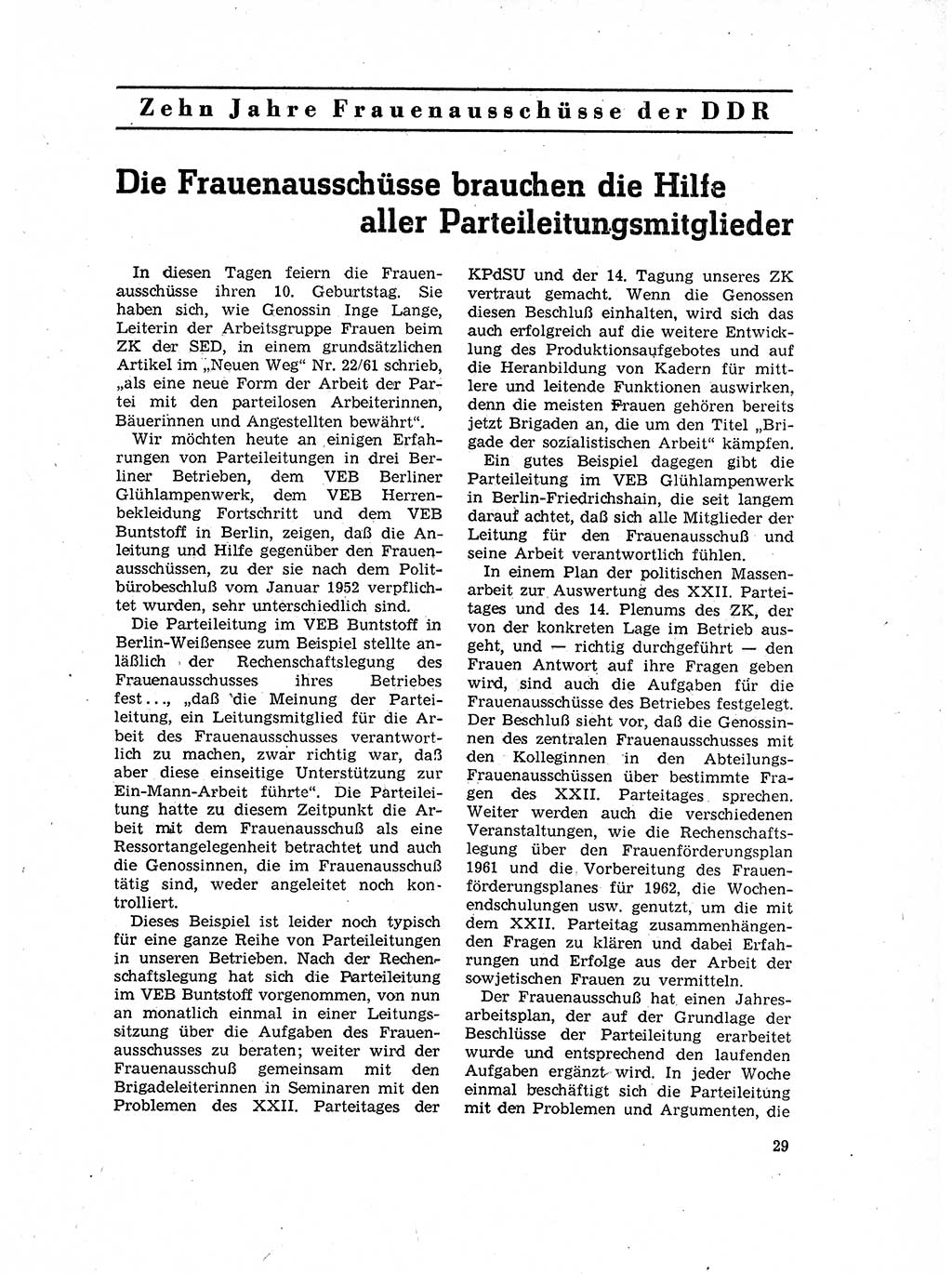 Neuer Weg (NW), Organ des Zentralkomitees (ZK) der SED (Sozialistische Einheitspartei Deutschlands) für Fragen des Parteilebens, 17. Jahrgang [Deutsche Demokratische Republik (DDR)] 1962, Seite 29 (NW ZK SED DDR 1962, S. 29)