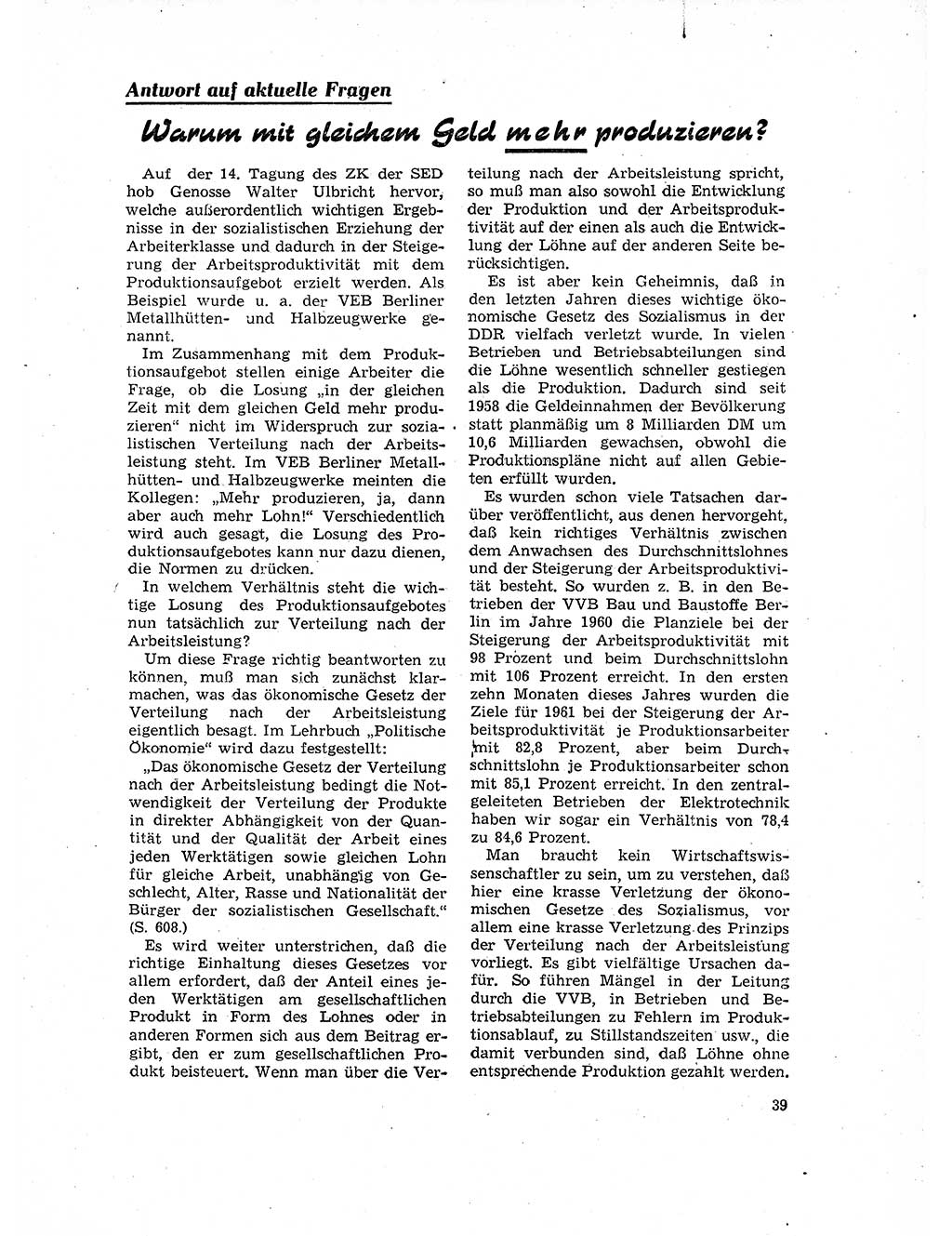 Neuer Weg (NW), Organ des Zentralkomitees (ZK) der SED (Sozialistische Einheitspartei Deutschlands) für Fragen des Parteilebens, 17. Jahrgang [Deutsche Demokratische Republik (DDR)] 1962, Seite 39 (NW ZK SED DDR 1962, S. 39)