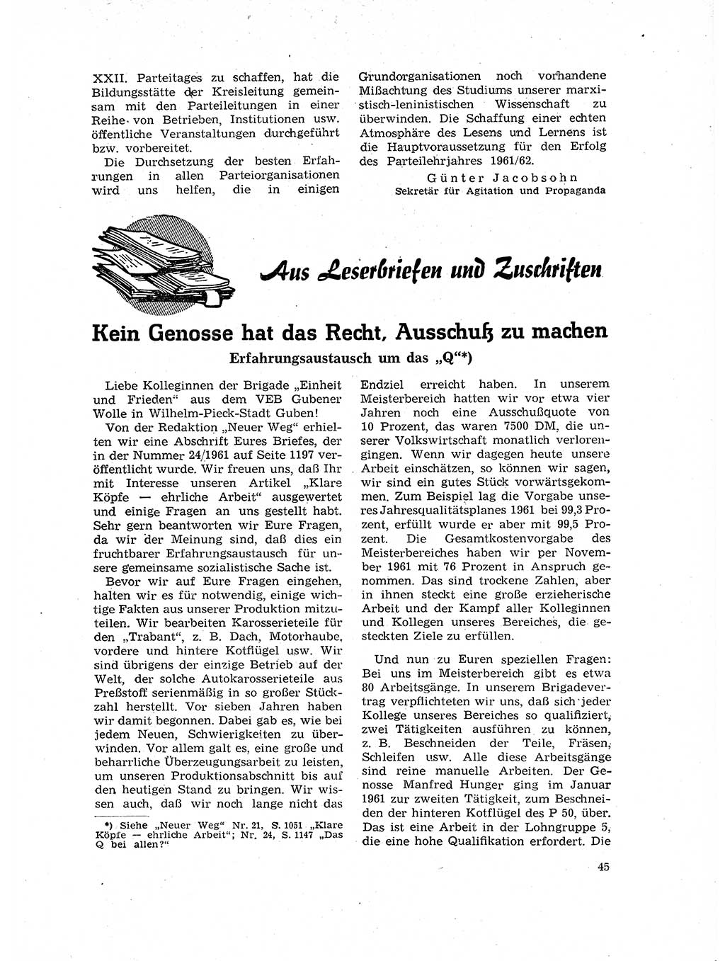 Neuer Weg (NW), Organ des Zentralkomitees (ZK) der SED (Sozialistische Einheitspartei Deutschlands) für Fragen des Parteilebens, 17. Jahrgang [Deutsche Demokratische Republik (DDR)] 1962, Seite 45 (NW ZK SED DDR 1962, S. 45)