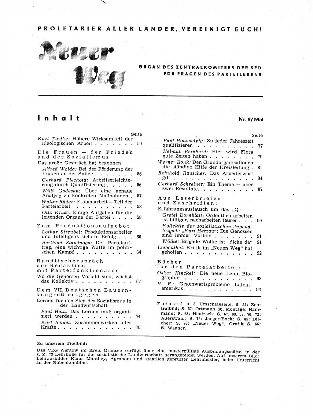 Neuer Weg (NW), Organ des Zentralkomitees (ZK) der SED (Sozialistische Einheitspartei Deutschlands) für Fragen des Parteilebens, 17. Jahrgang [Deutsche Demokratische Republik (DDR)] 1962, Seite 49 (NW ZK SED DDR 1962, S. 49)