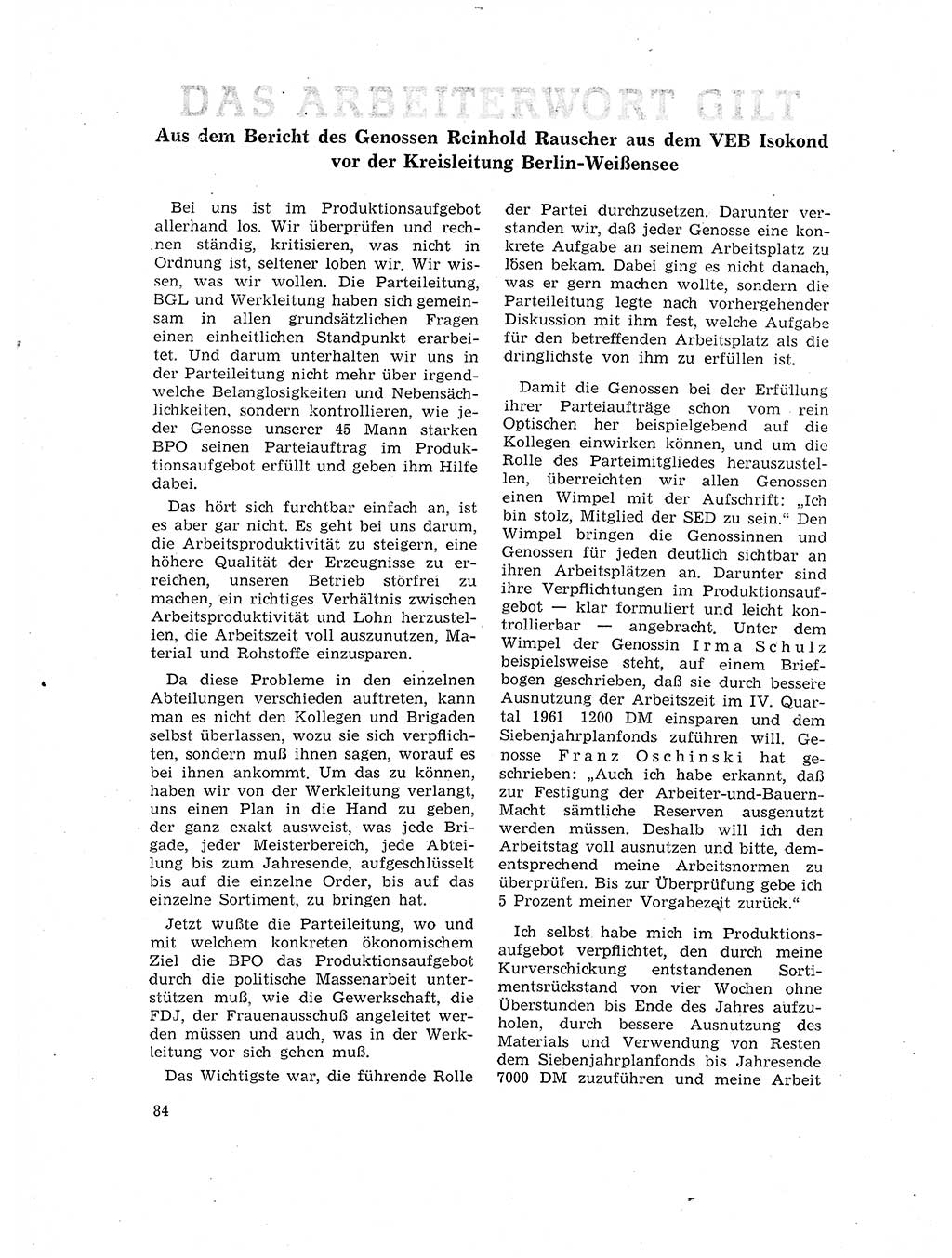 Neuer Weg (NW), Organ des Zentralkomitees (ZK) der SED (Sozialistische Einheitspartei Deutschlands) für Fragen des Parteilebens, 17. Jahrgang [Deutsche Demokratische Republik (DDR)] 1962, Seite 84 (NW ZK SED DDR 1962, S. 84)