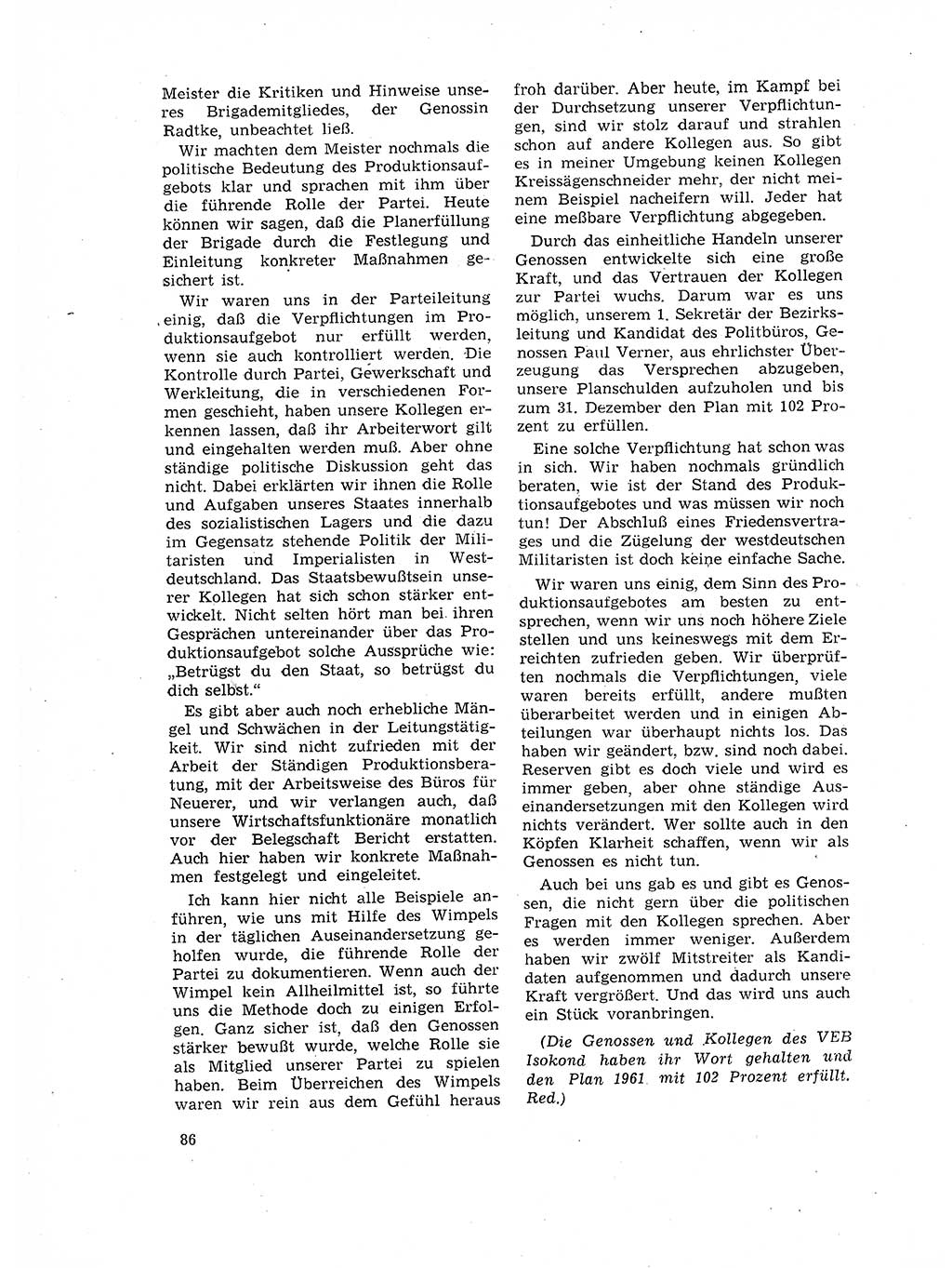 Neuer Weg (NW), Organ des Zentralkomitees (ZK) der SED (Sozialistische Einheitspartei Deutschlands) für Fragen des Parteilebens, 17. Jahrgang [Deutsche Demokratische Republik (DDR)] 1962, Seite 86 (NW ZK SED DDR 1962, S. 86)