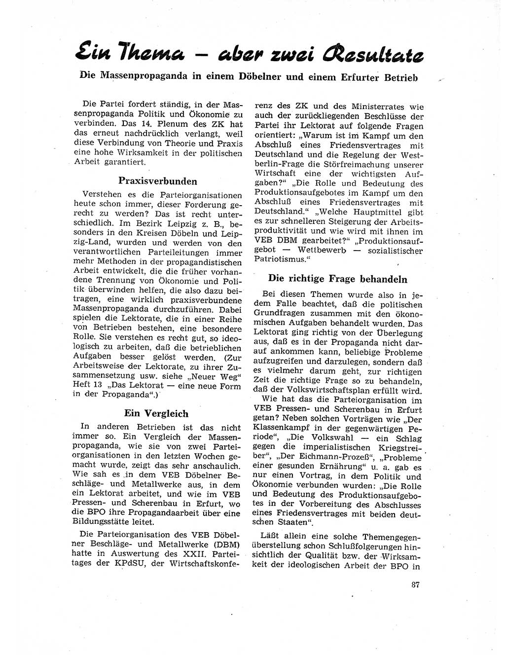 Neuer Weg (NW), Organ des Zentralkomitees (ZK) der SED (Sozialistische Einheitspartei Deutschlands) für Fragen des Parteilebens, 17. Jahrgang [Deutsche Demokratische Republik (DDR)] 1962, Seite 87 (NW ZK SED DDR 1962, S. 87)