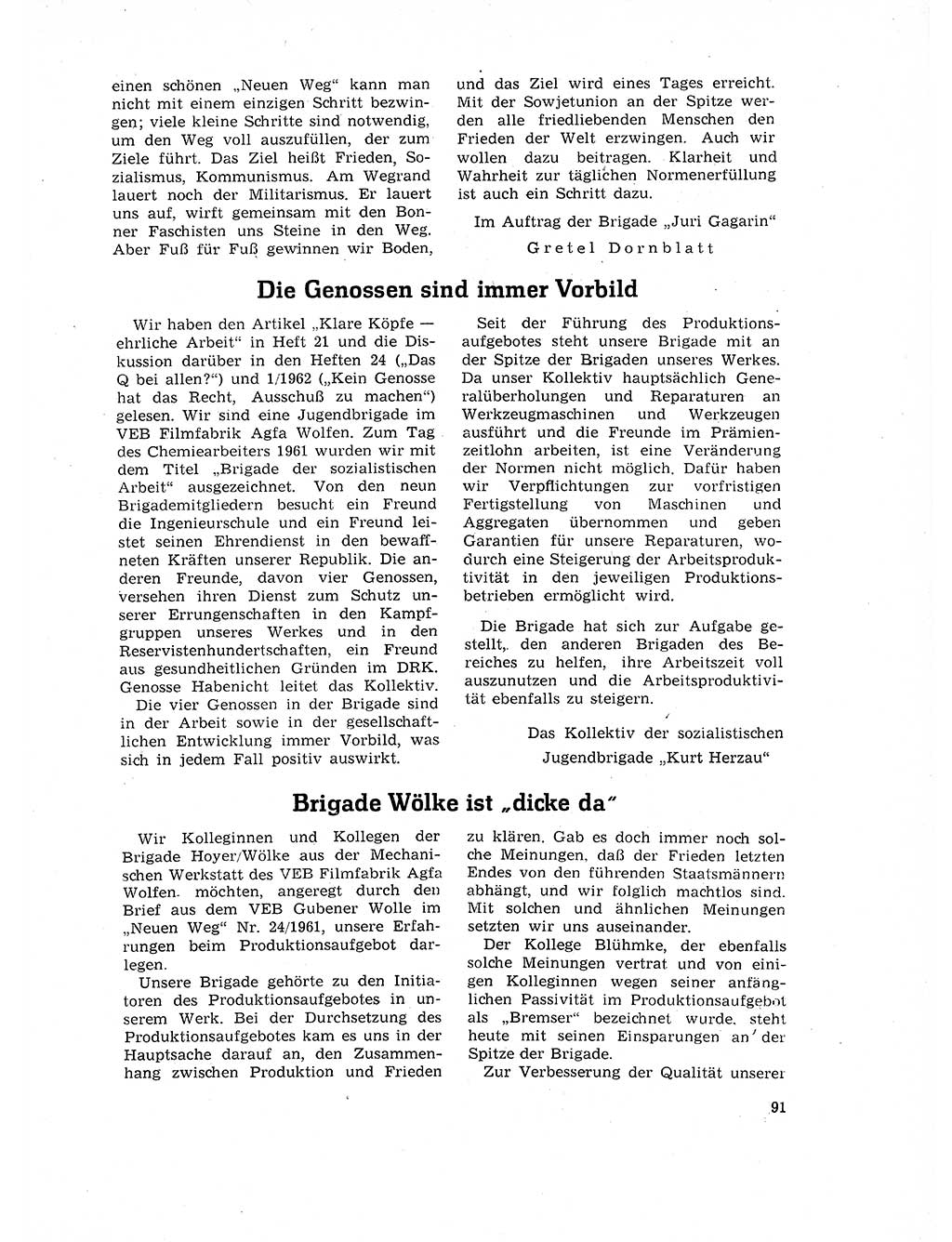 Neuer Weg (NW), Organ des Zentralkomitees (ZK) der SED (Sozialistische Einheitspartei Deutschlands) für Fragen des Parteilebens, 17. Jahrgang [Deutsche Demokratische Republik (DDR)] 1962, Seite 91 (NW ZK SED DDR 1962, S. 91)