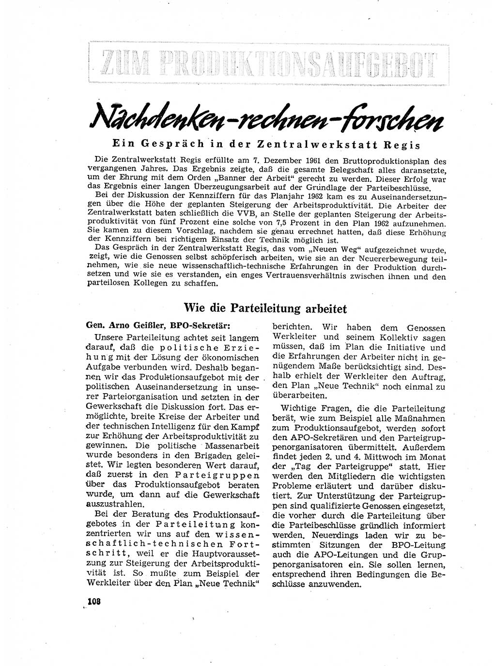 Neuer Weg (NW), Organ des Zentralkomitees (ZK) der SED (Sozialistische Einheitspartei Deutschlands) für Fragen des Parteilebens, 17. Jahrgang [Deutsche Demokratische Republik (DDR)] 1962, Seite 108 (NW ZK SED DDR 1962, S. 108)