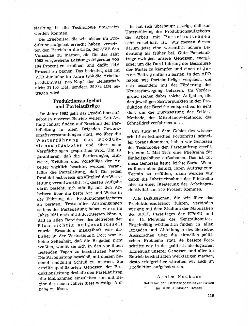 Neuer Weg (NW), Organ des Zentralkomitees (ZK) der SED (Sozialistische Einheitspartei Deutschlands) für Fragen des Parteilebens, 17. Jahrgang [Deutsche Demokratische Republik (DDR)] 1962, Seite 119 (NW ZK SED DDR 1962, S. 119)