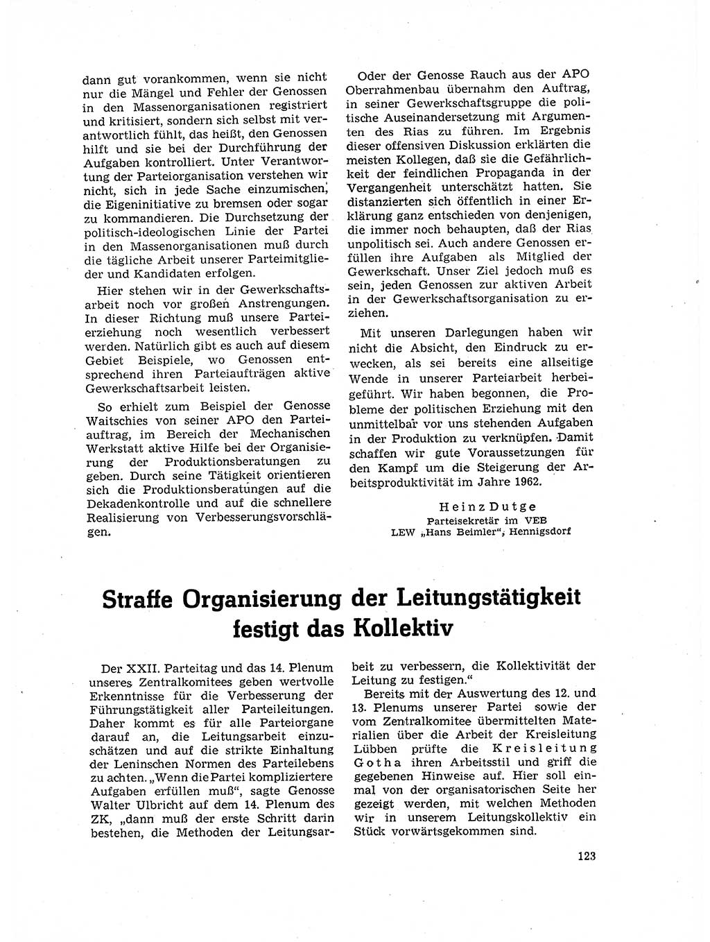 Neuer Weg (NW), Organ des Zentralkomitees (ZK) der SED (Sozialistische Einheitspartei Deutschlands) für Fragen des Parteilebens, 17. Jahrgang [Deutsche Demokratische Republik (DDR)] 1962, Seite 123 (NW ZK SED DDR 1962, S. 123)