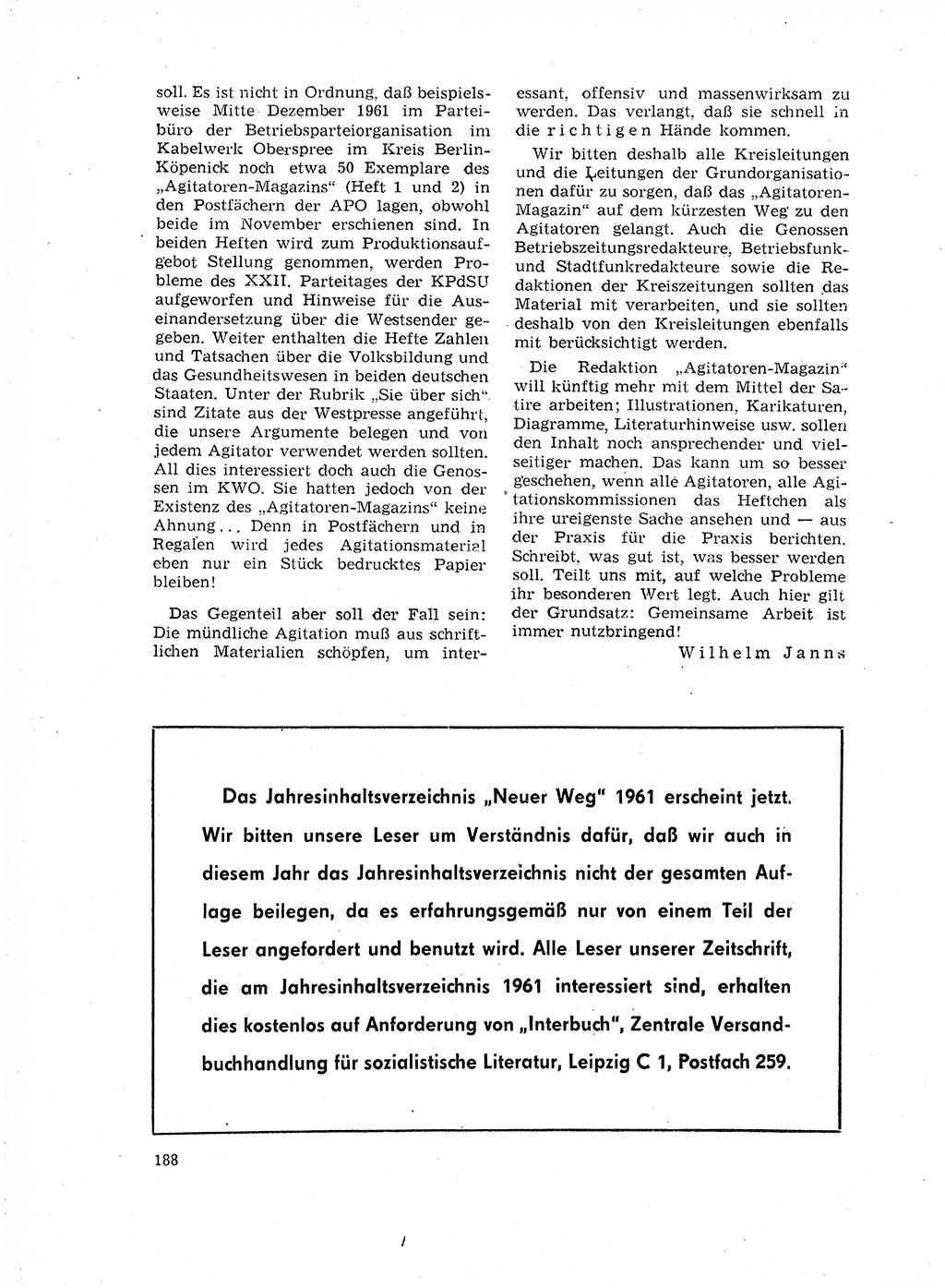 Neuer Weg (NW), Organ des Zentralkomitees (ZK) der SED (Sozialistische Einheitspartei Deutschlands) für Fragen des Parteilebens, 17. Jahrgang [Deutsche Demokratische Republik (DDR)] 1962, Seite 188 (NW ZK SED DDR 1962, S. 188)