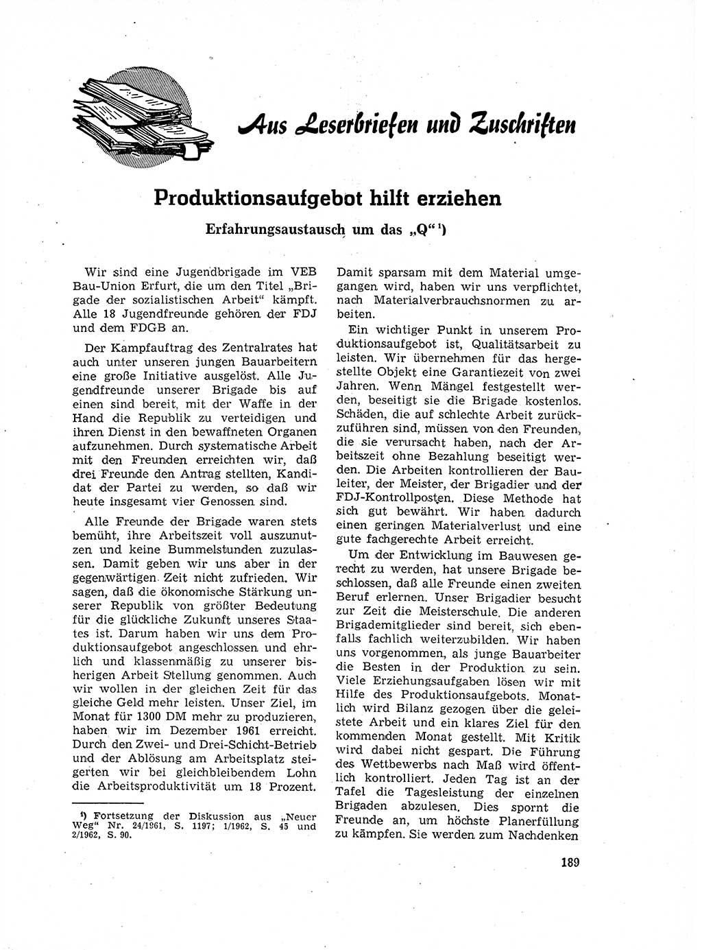 Neuer Weg (NW), Organ des Zentralkomitees (ZK) der SED (Sozialistische Einheitspartei Deutschlands) für Fragen des Parteilebens, 17. Jahrgang [Deutsche Demokratische Republik (DDR)] 1962, Seite 189 (NW ZK SED DDR 1962, S. 189)