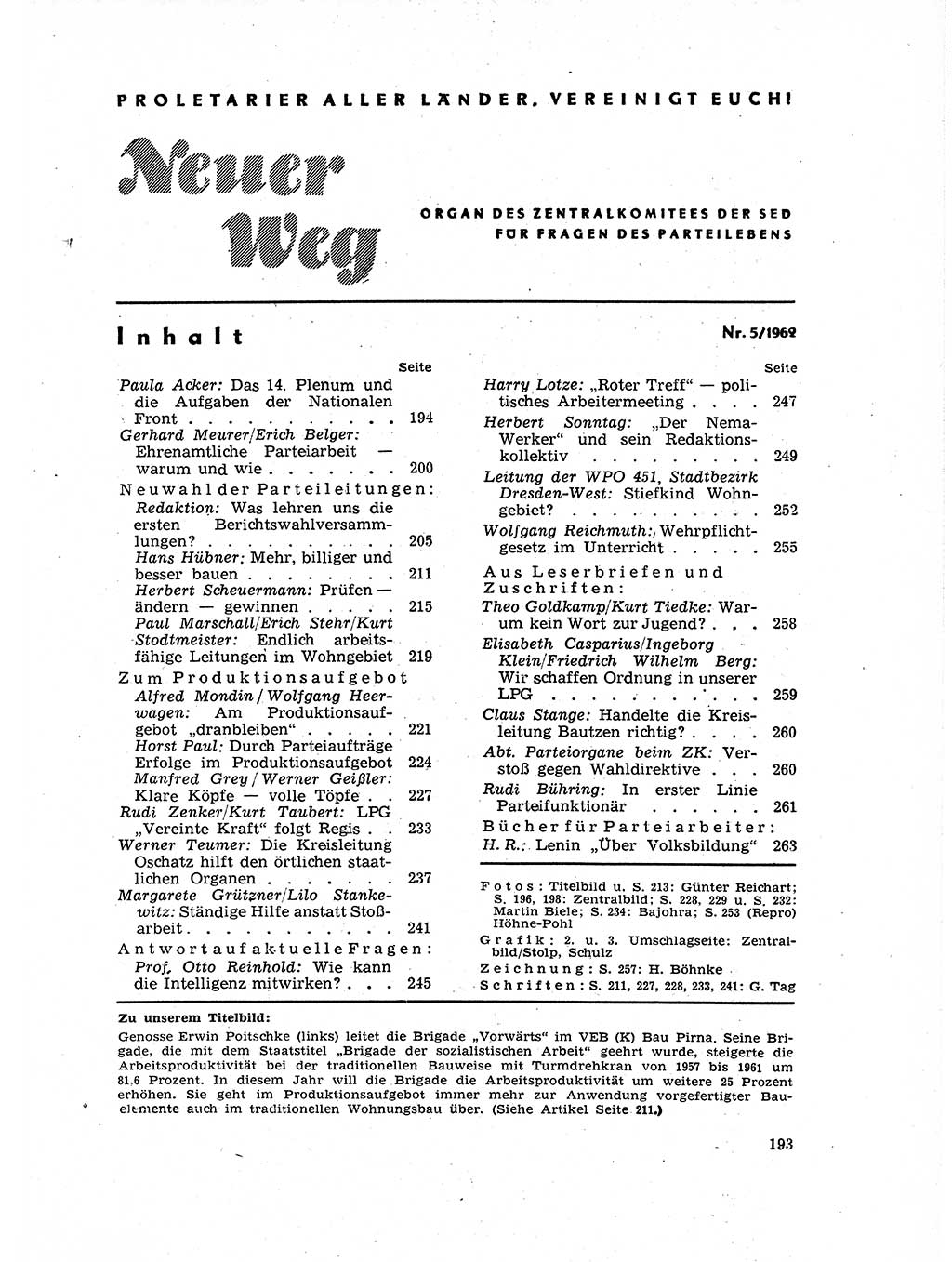 Neuer Weg (NW), Organ des Zentralkomitees (ZK) der SED (Sozialistische Einheitspartei Deutschlands) für Fragen des Parteilebens, 17. Jahrgang [Deutsche Demokratische Republik (DDR)] 1962, Seite 193 (NW ZK SED DDR 1962, S. 193)