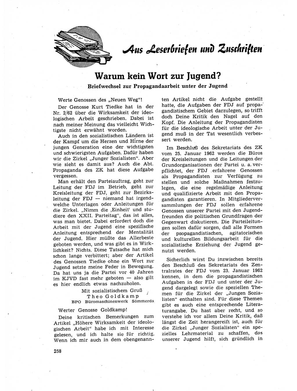 Neuer Weg (NW), Organ des Zentralkomitees (ZK) der SED (Sozialistische Einheitspartei Deutschlands) für Fragen des Parteilebens, 17. Jahrgang [Deutsche Demokratische Republik (DDR)] 1962, Seite 258 (NW ZK SED DDR 1962, S. 258)