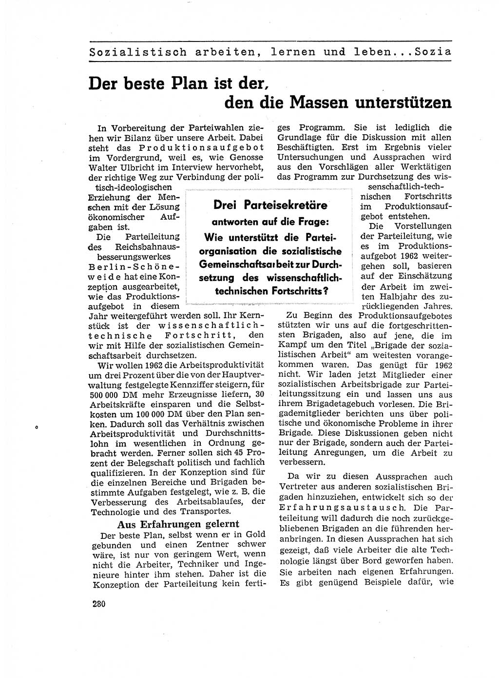 Neuer Weg (NW), Organ des Zentralkomitees (ZK) der SED (Sozialistische Einheitspartei Deutschlands) für Fragen des Parteilebens, 17. Jahrgang [Deutsche Demokratische Republik (DDR)] 1962, Seite 280 (NW ZK SED DDR 1962, S. 280)