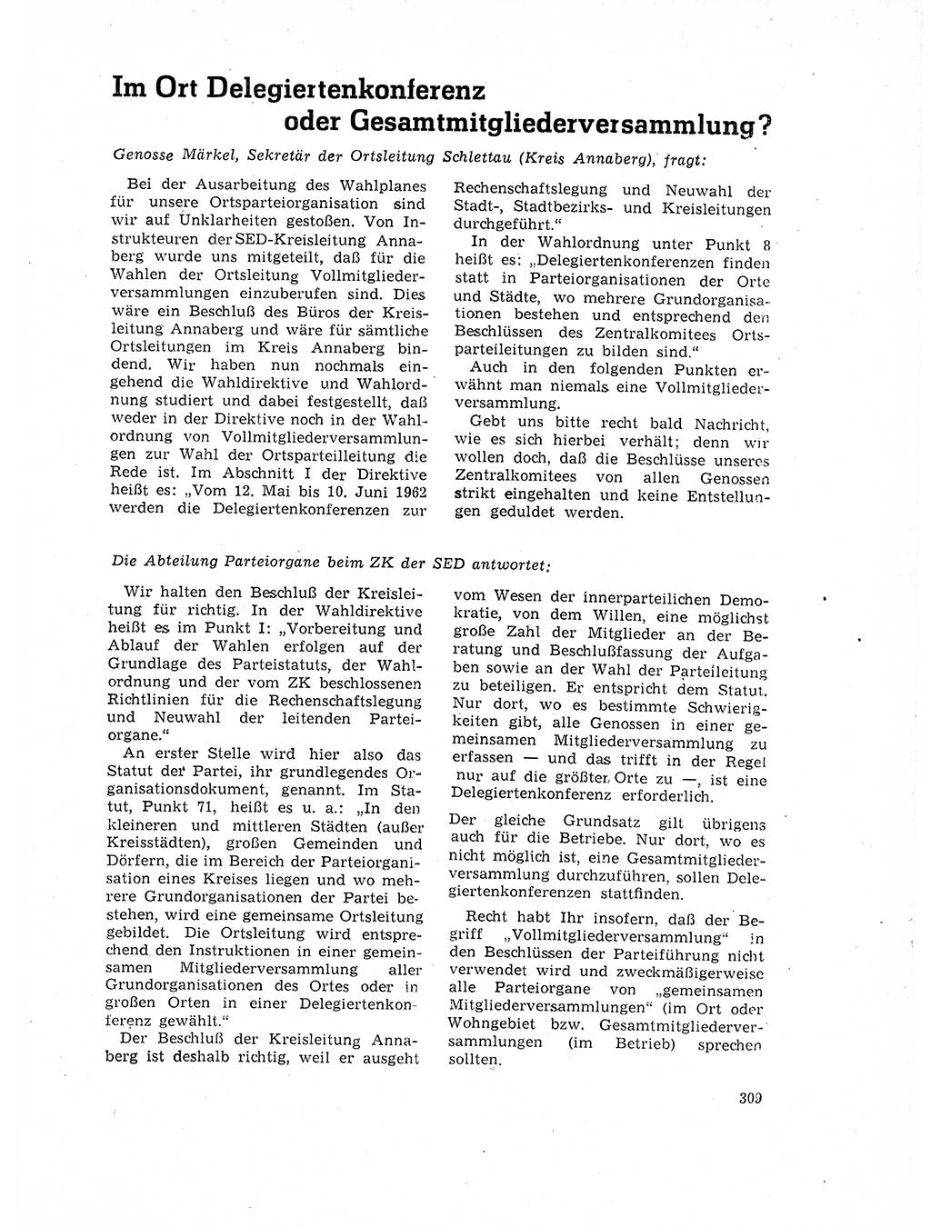Neuer Weg (NW), Organ des Zentralkomitees (ZK) der SED (Sozialistische Einheitspartei Deutschlands) für Fragen des Parteilebens, 17. Jahrgang [Deutsche Demokratische Republik (DDR)] 1962, Seite 309 (NW ZK SED DDR 1962, S. 309)