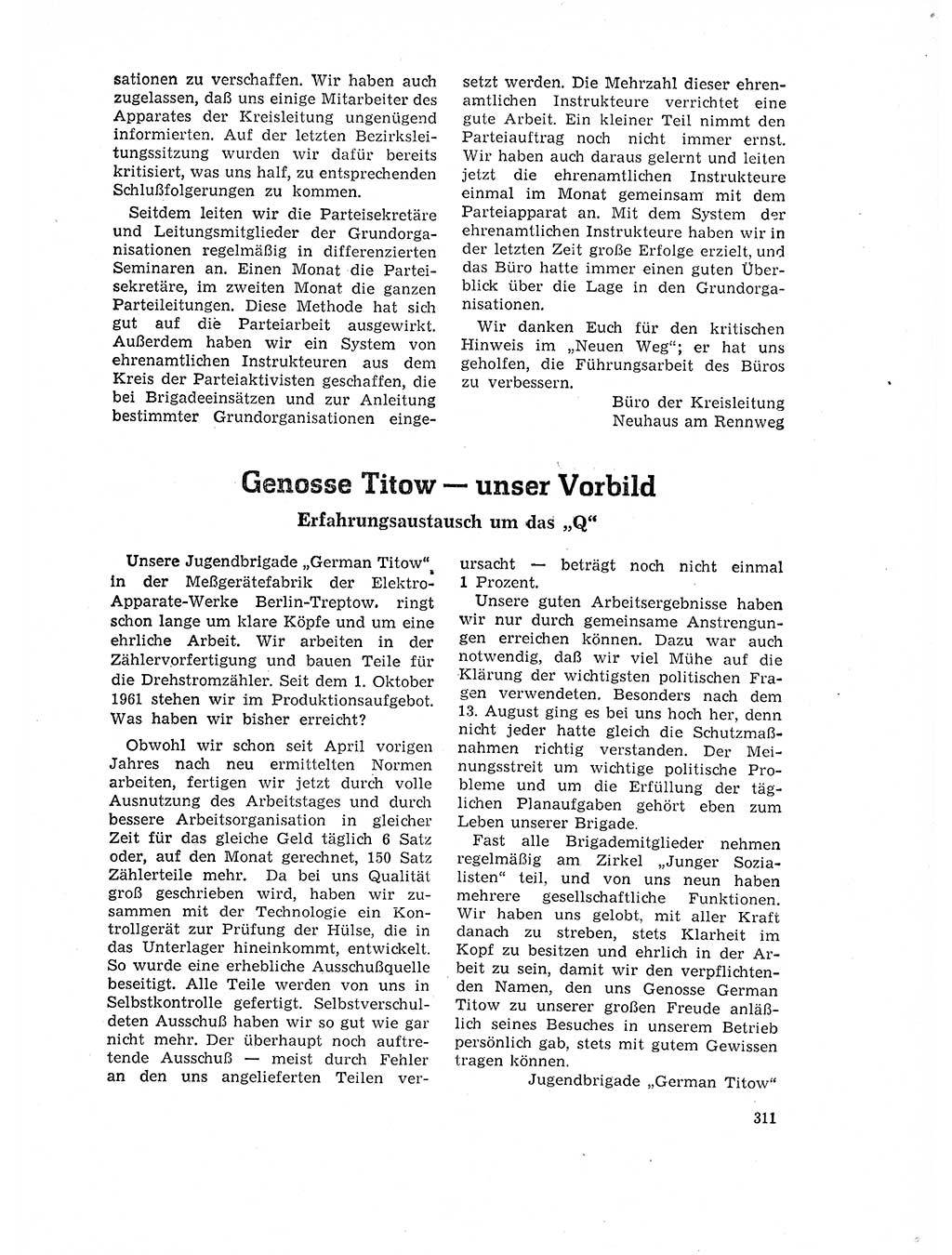 Neuer Weg (NW), Organ des Zentralkomitees (ZK) der SED (Sozialistische Einheitspartei Deutschlands) für Fragen des Parteilebens, 17. Jahrgang [Deutsche Demokratische Republik (DDR)] 1962, Seite 311 (NW ZK SED DDR 1962, S. 311)