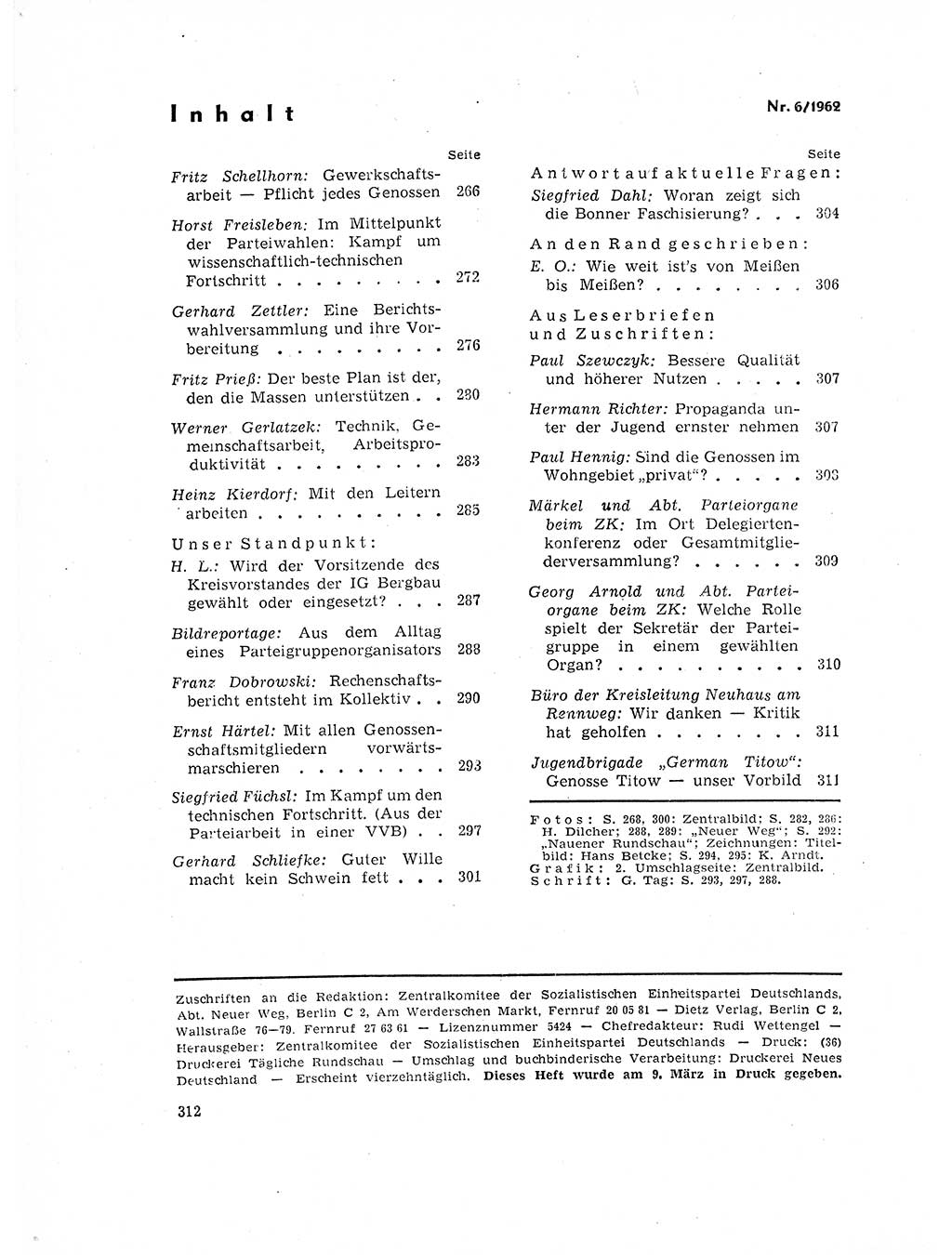 Neuer Weg (NW), Organ des Zentralkomitees (ZK) der SED (Sozialistische Einheitspartei Deutschlands) für Fragen des Parteilebens, 17. Jahrgang [Deutsche Demokratische Republik (DDR)] 1962, Seite 312 (NW ZK SED DDR 1962, S. 312)