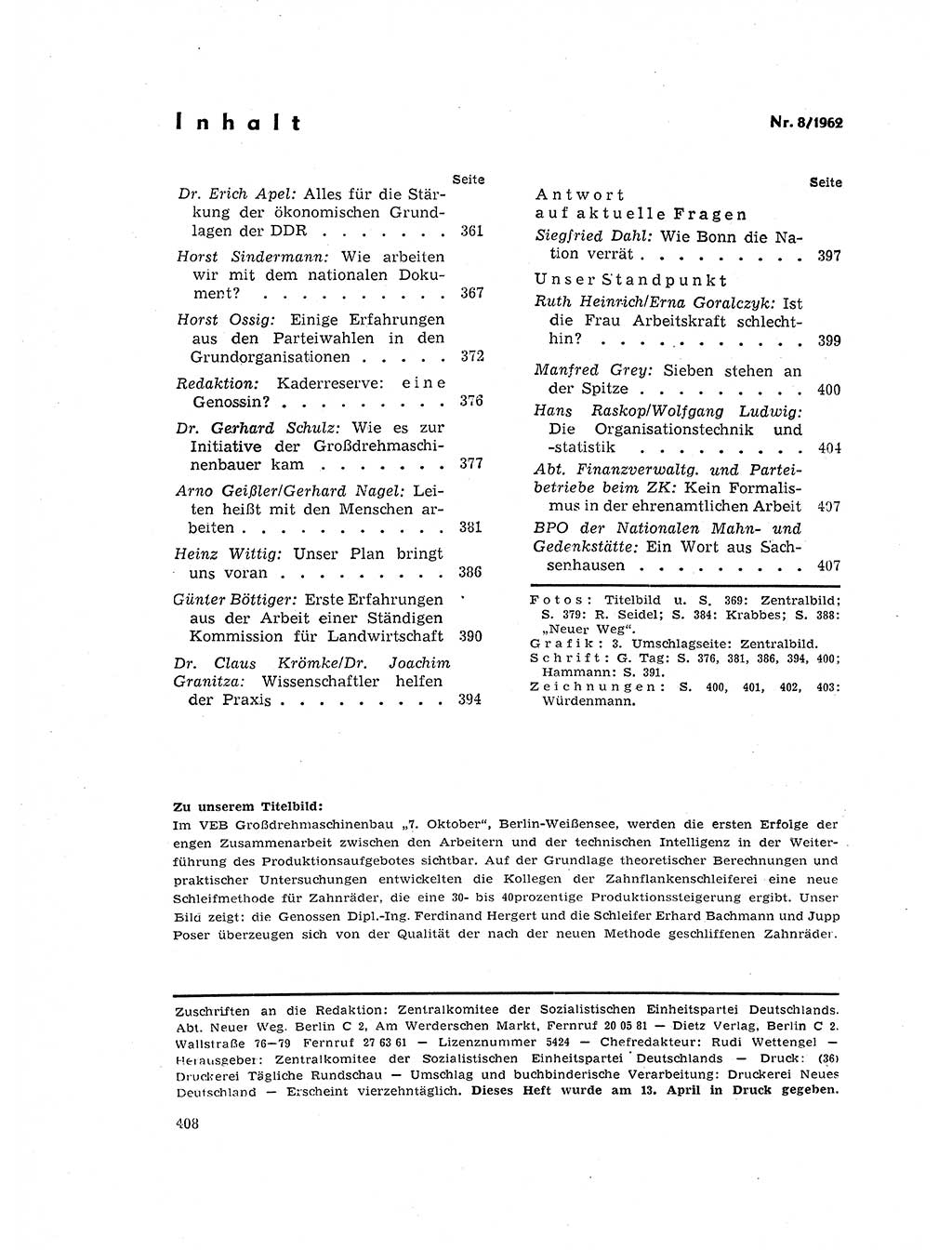 Neuer Weg (NW), Organ des Zentralkomitees (ZK) der SED (Sozialistische Einheitspartei Deutschlands) für Fragen des Parteilebens, 17. Jahrgang [Deutsche Demokratische Republik (DDR)] 1962, Seite 408 (NW ZK SED DDR 1962, S. 408)