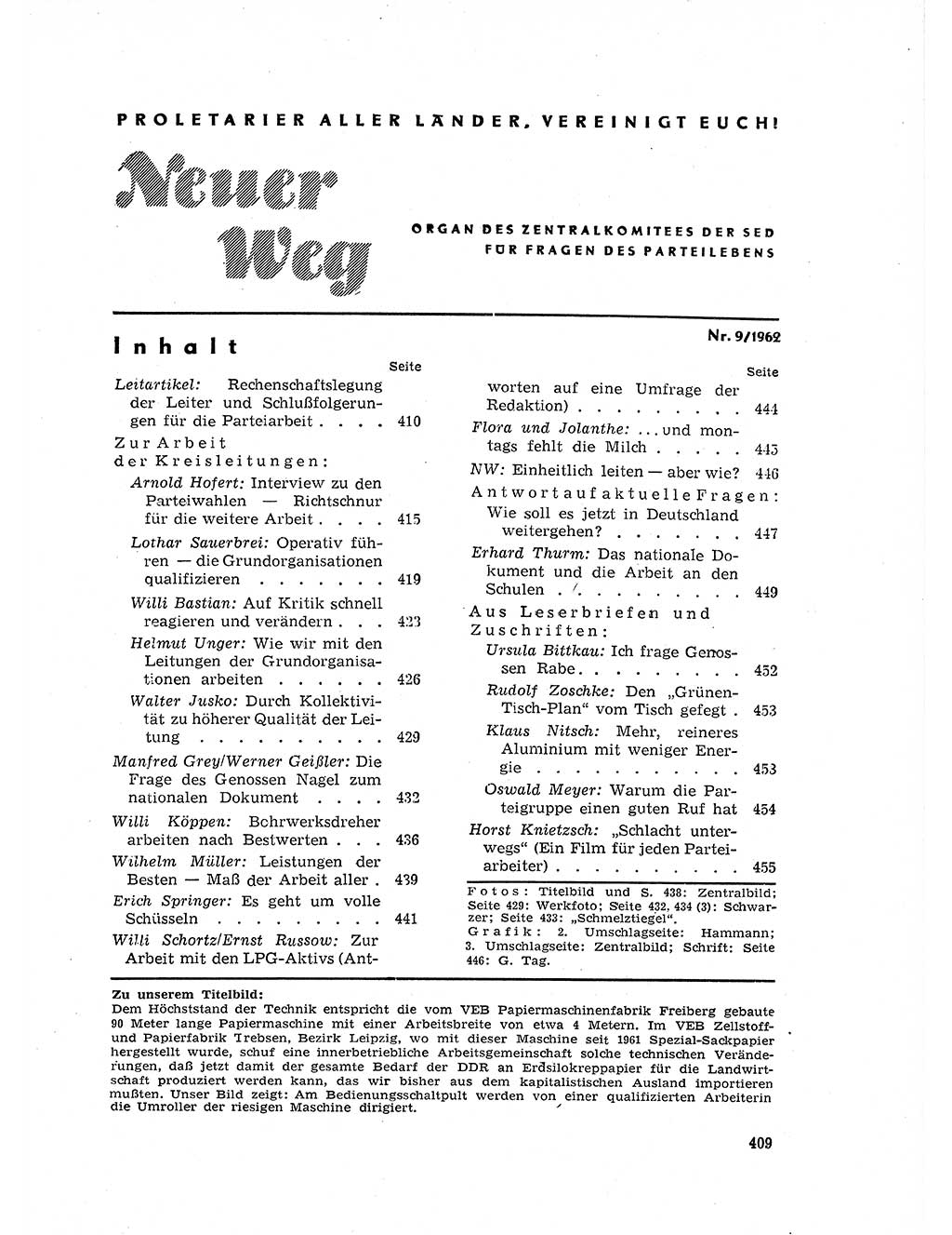 Neuer Weg (NW), Organ des Zentralkomitees (ZK) der SED (Sozialistische Einheitspartei Deutschlands) für Fragen des Parteilebens, 17. Jahrgang [Deutsche Demokratische Republik (DDR)] 1962, Seite 409 (NW ZK SED DDR 1962, S. 409)