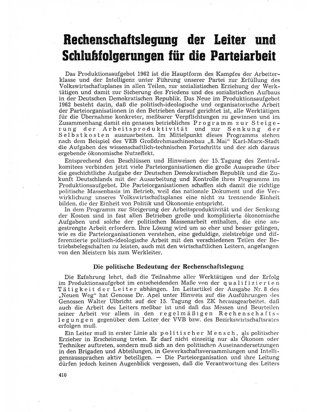 Neuer Weg (NW), Organ des Zentralkomitees (ZK) der SED (Sozialistische Einheitspartei Deutschlands) für Fragen des Parteilebens, 17. Jahrgang [Deutsche Demokratische Republik (DDR)] 1962, Seite 410 (NW ZK SED DDR 1962, S. 410)