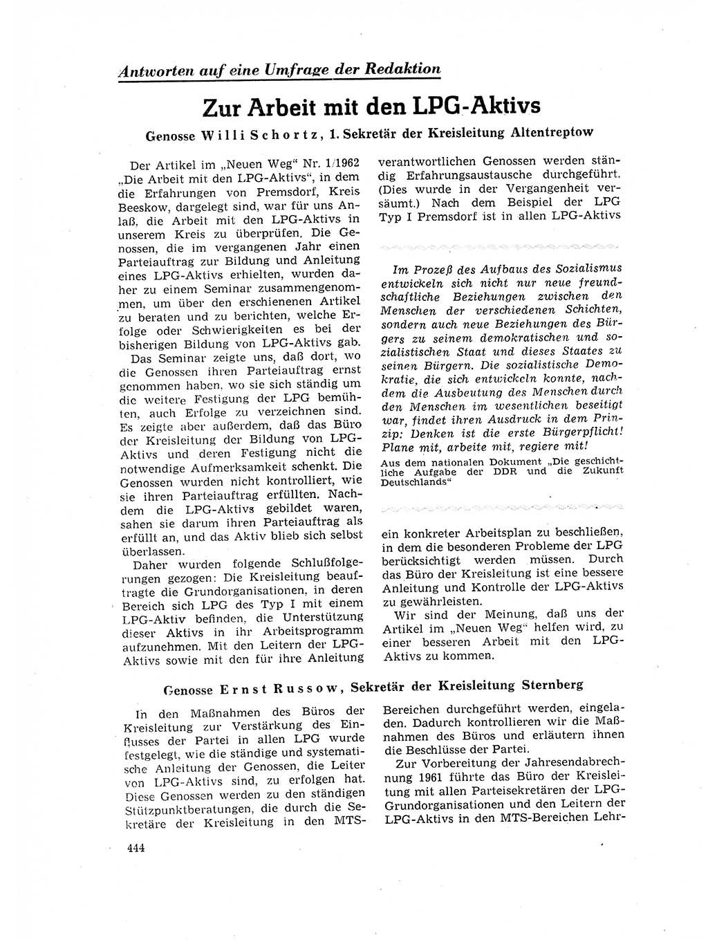 Neuer Weg (NW), Organ des Zentralkomitees (ZK) der SED (Sozialistische Einheitspartei Deutschlands) für Fragen des Parteilebens, 17. Jahrgang [Deutsche Demokratische Republik (DDR)] 1962, Seite 444 (NW ZK SED DDR 1962, S. 444)