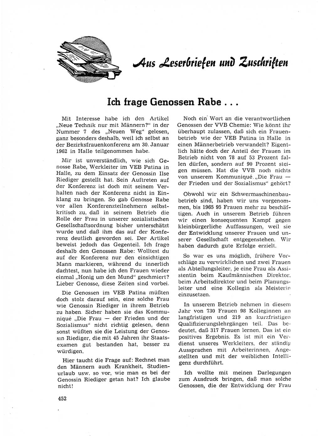 Neuer Weg (NW), Organ des Zentralkomitees (ZK) der SED (Sozialistische Einheitspartei Deutschlands) für Fragen des Parteilebens, 17. Jahrgang [Deutsche Demokratische Republik (DDR)] 1962, Seite 452 (NW ZK SED DDR 1962, S. 452)