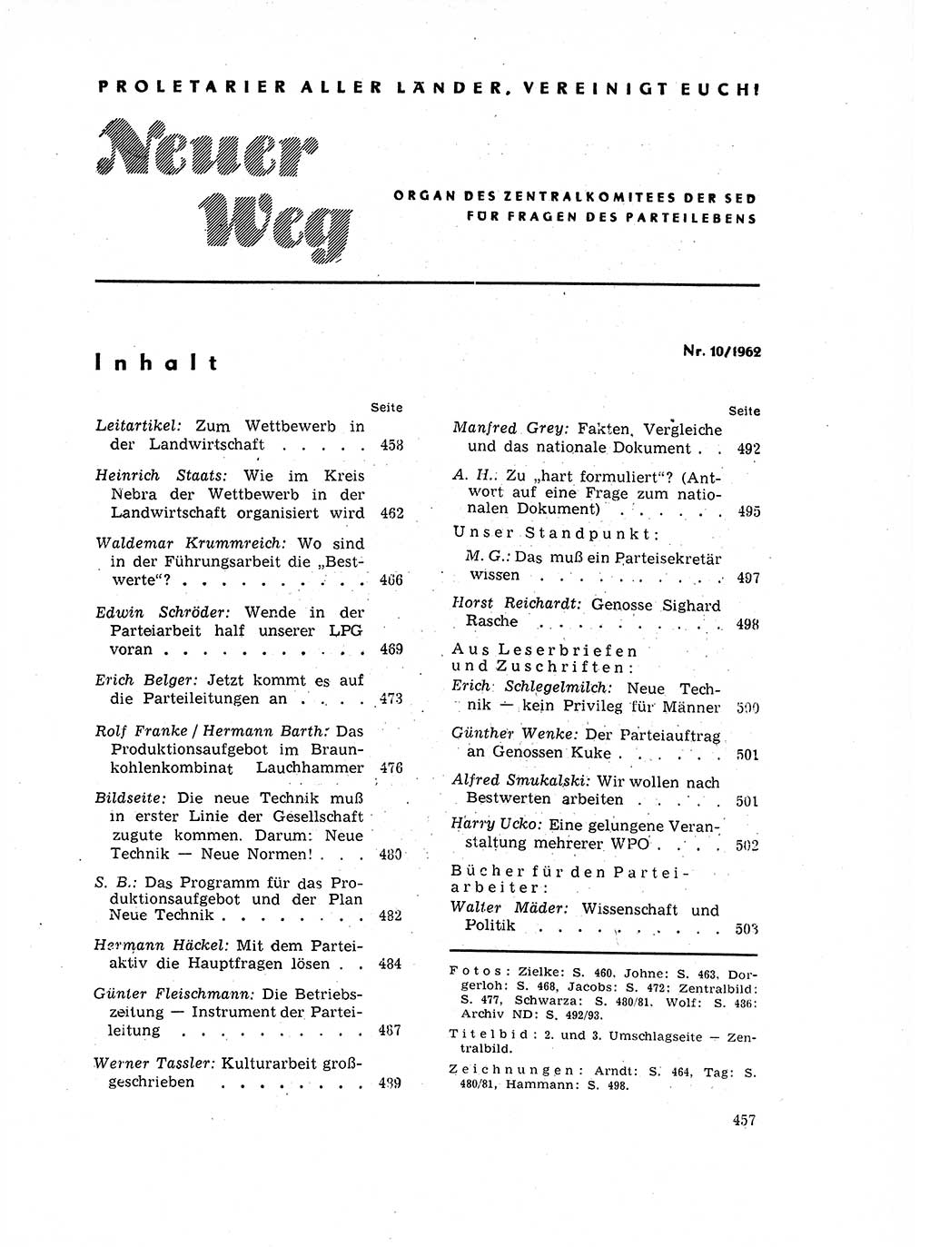 Neuer Weg (NW), Organ des Zentralkomitees (ZK) der SED (Sozialistische Einheitspartei Deutschlands) für Fragen des Parteilebens, 17. Jahrgang [Deutsche Demokratische Republik (DDR)] 1962, Seite 457 (NW ZK SED DDR 1962, S. 457)