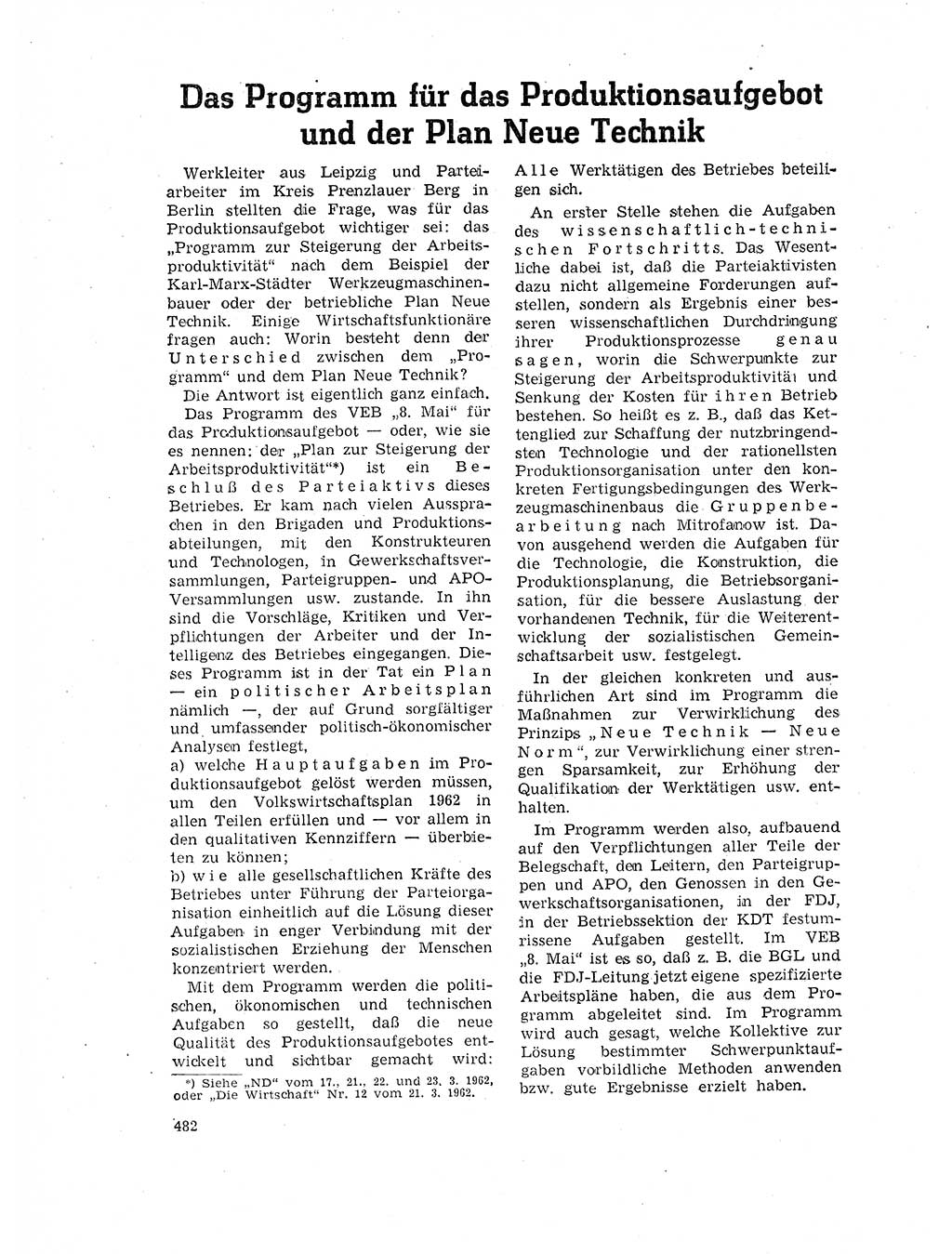 Neuer Weg (NW), Organ des Zentralkomitees (ZK) der SED (Sozialistische Einheitspartei Deutschlands) für Fragen des Parteilebens, 17. Jahrgang [Deutsche Demokratische Republik (DDR)] 1962, Seite 482 (NW ZK SED DDR 1962, S. 482)