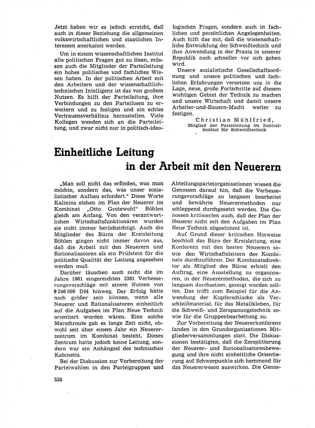 Neuer Weg (NW), Organ des Zentralkomitees (ZK) der SED (Sozialistische Einheitspartei Deutschlands) für Fragen des Parteilebens, 17. Jahrgang [Deutsche Demokratische Republik (DDR)] 1962, Seite 520 (NW ZK SED DDR 1962, S. 520)