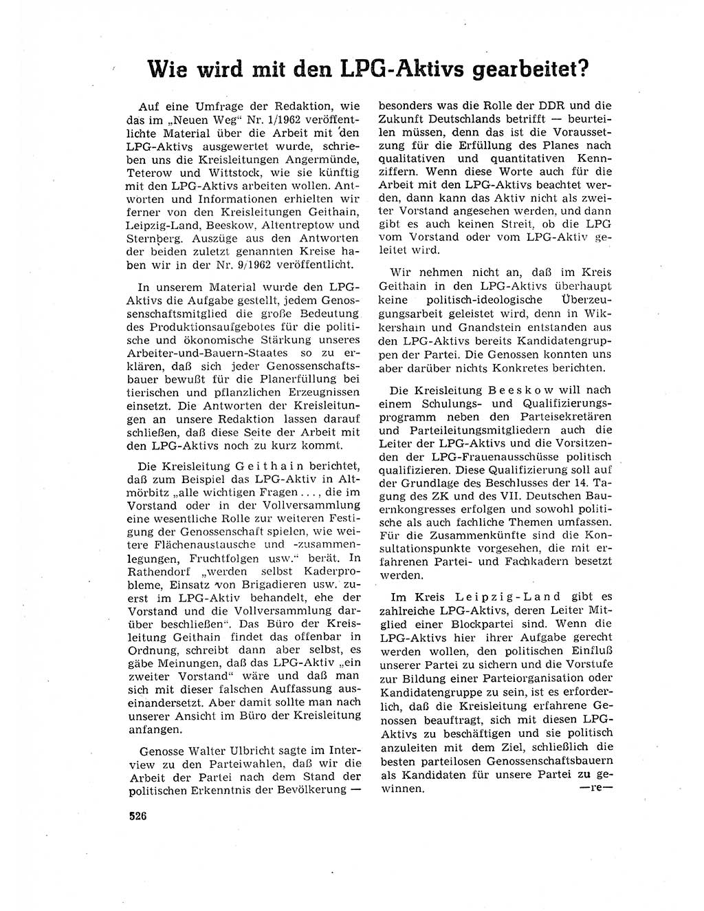 Neuer Weg (NW), Organ des Zentralkomitees (ZK) der SED (Sozialistische Einheitspartei Deutschlands) für Fragen des Parteilebens, 17. Jahrgang [Deutsche Demokratische Republik (DDR)] 1962, Seite 526 (NW ZK SED DDR 1962, S. 526)