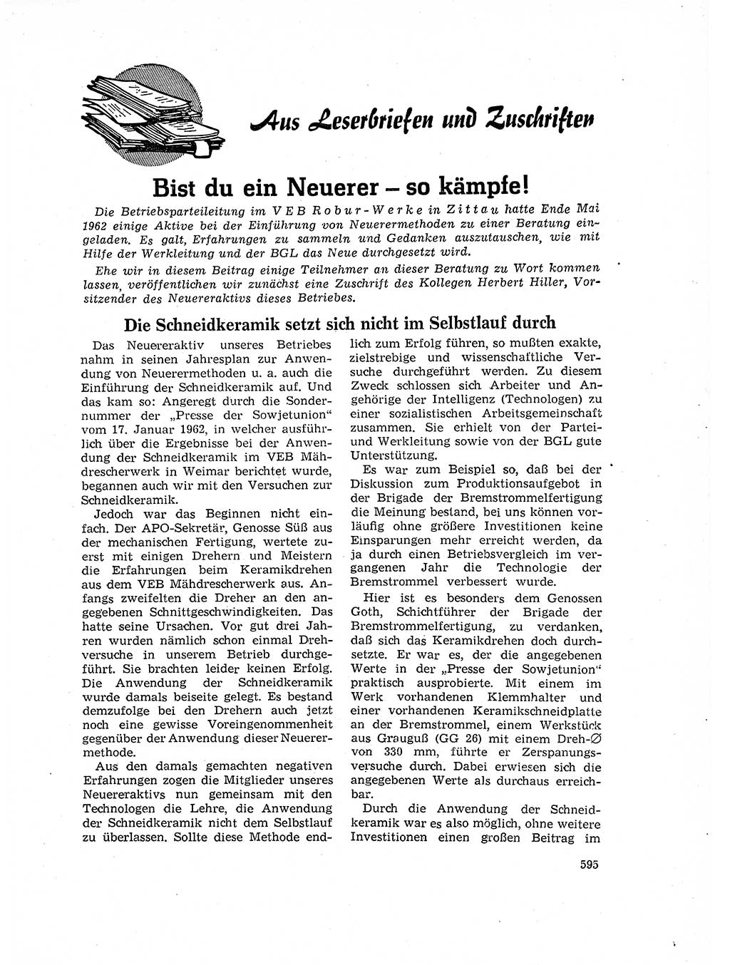 Neuer Weg (NW), Organ des Zentralkomitees (ZK) der SED (Sozialistische Einheitspartei Deutschlands) für Fragen des Parteilebens, 17. Jahrgang [Deutsche Demokratische Republik (DDR)] 1962, Seite 595 (NW ZK SED DDR 1962, S. 595)