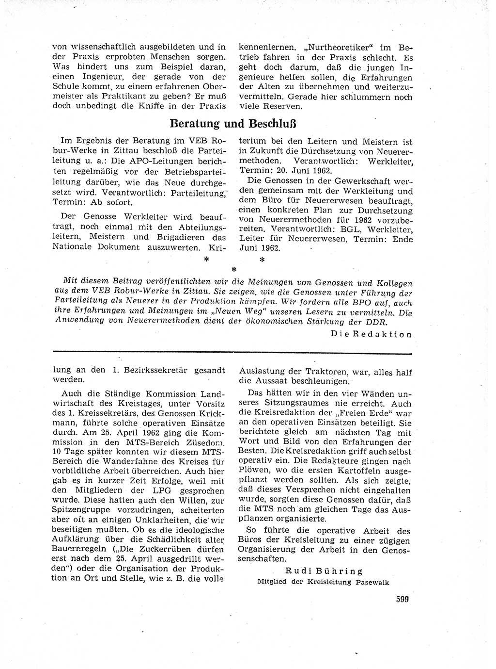 Neuer Weg (NW), Organ des Zentralkomitees (ZK) der SED (Sozialistische Einheitspartei Deutschlands) für Fragen des Parteilebens, 17. Jahrgang [Deutsche Demokratische Republik (DDR)] 1962, Seite 599 (NW ZK SED DDR 1962, S. 599)