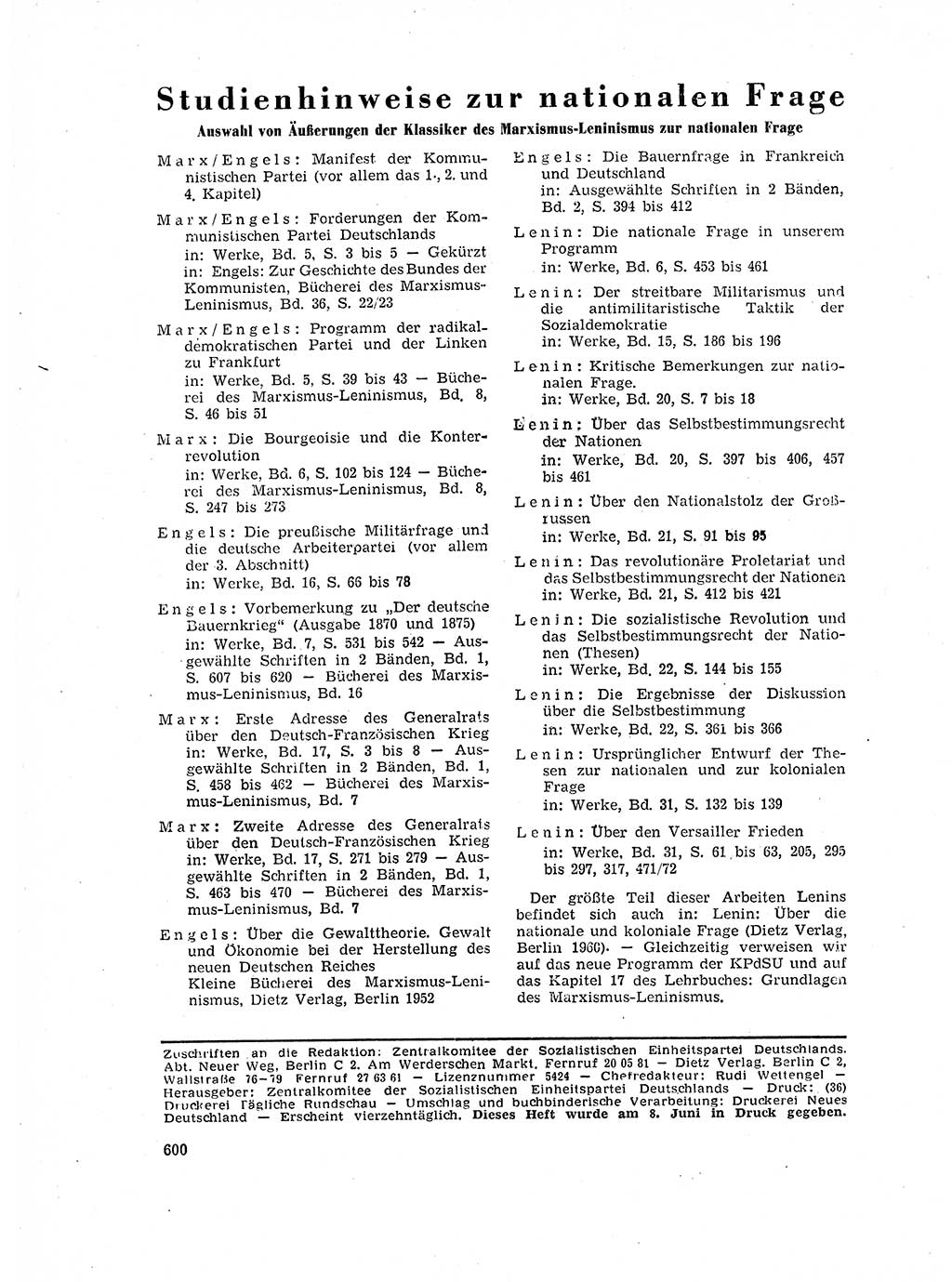 Neuer Weg (NW), Organ des Zentralkomitees (ZK) der SED (Sozialistische Einheitspartei Deutschlands) für Fragen des Parteilebens, 17. Jahrgang [Deutsche Demokratische Republik (DDR)] 1962, Seite 600 (NW ZK SED DDR 1962, S. 600)