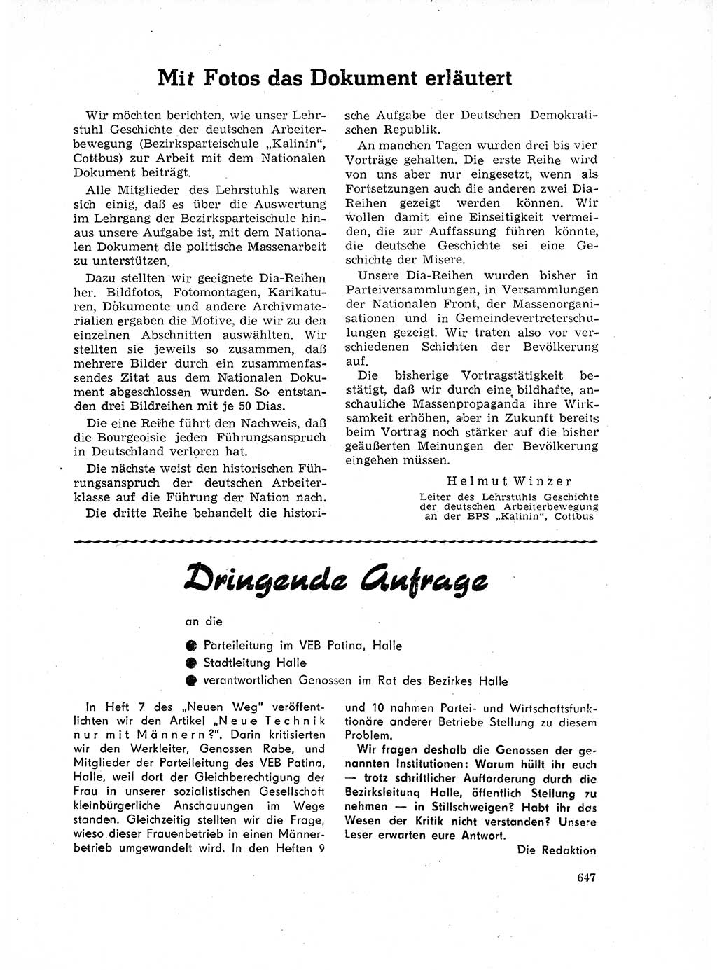 Neuer Weg (NW), Organ des Zentralkomitees (ZK) der SED (Sozialistische Einheitspartei Deutschlands) für Fragen des Parteilebens, 17. Jahrgang [Deutsche Demokratische Republik (DDR)] 1962, Seite 647 (NW ZK SED DDR 1962, S. 647)