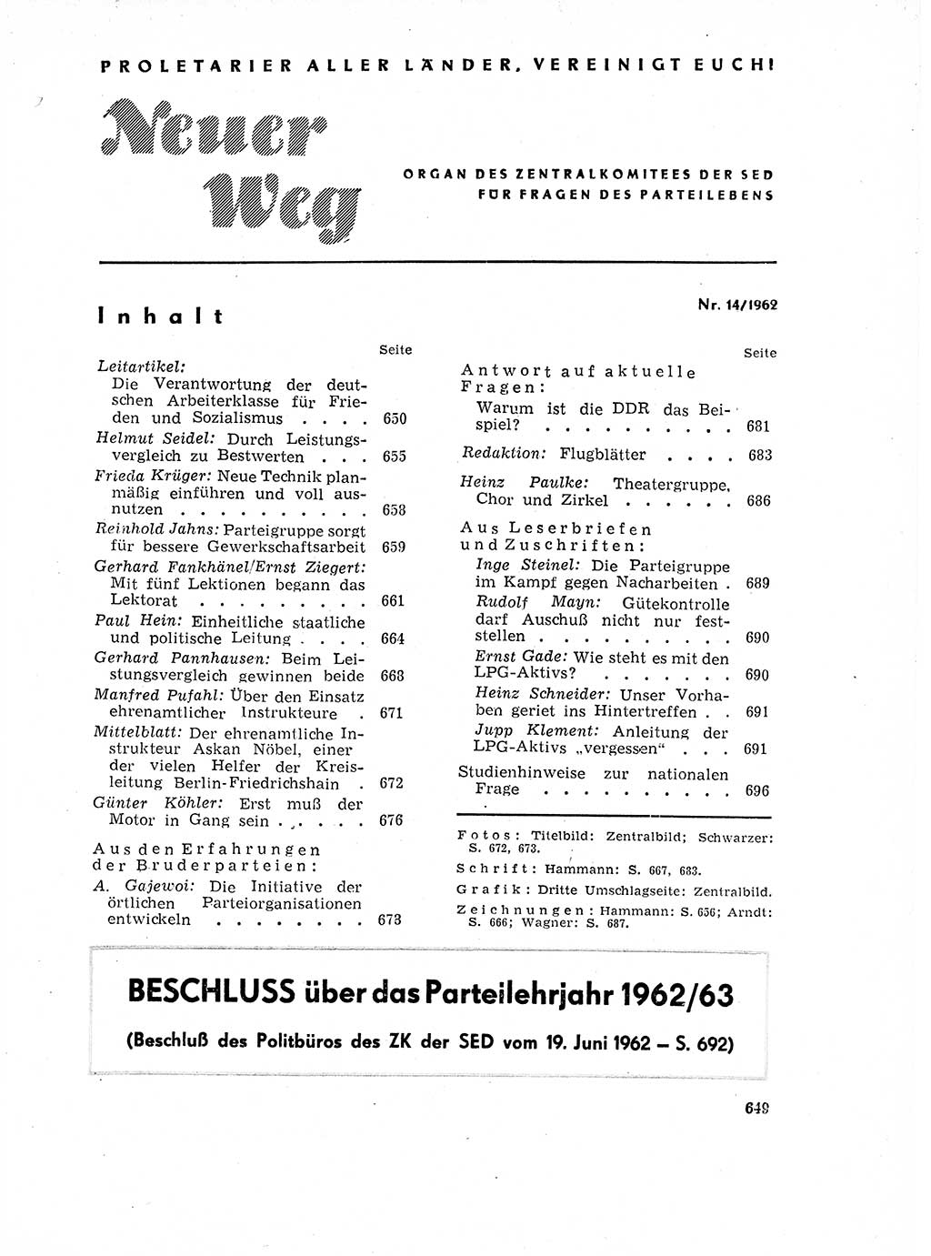 Neuer Weg (NW), Organ des Zentralkomitees (ZK) der SED (Sozialistische Einheitspartei Deutschlands) für Fragen des Parteilebens, 17. Jahrgang [Deutsche Demokratische Republik (DDR)] 1962, Seite 649 (NW ZK SED DDR 1962, S. 649)