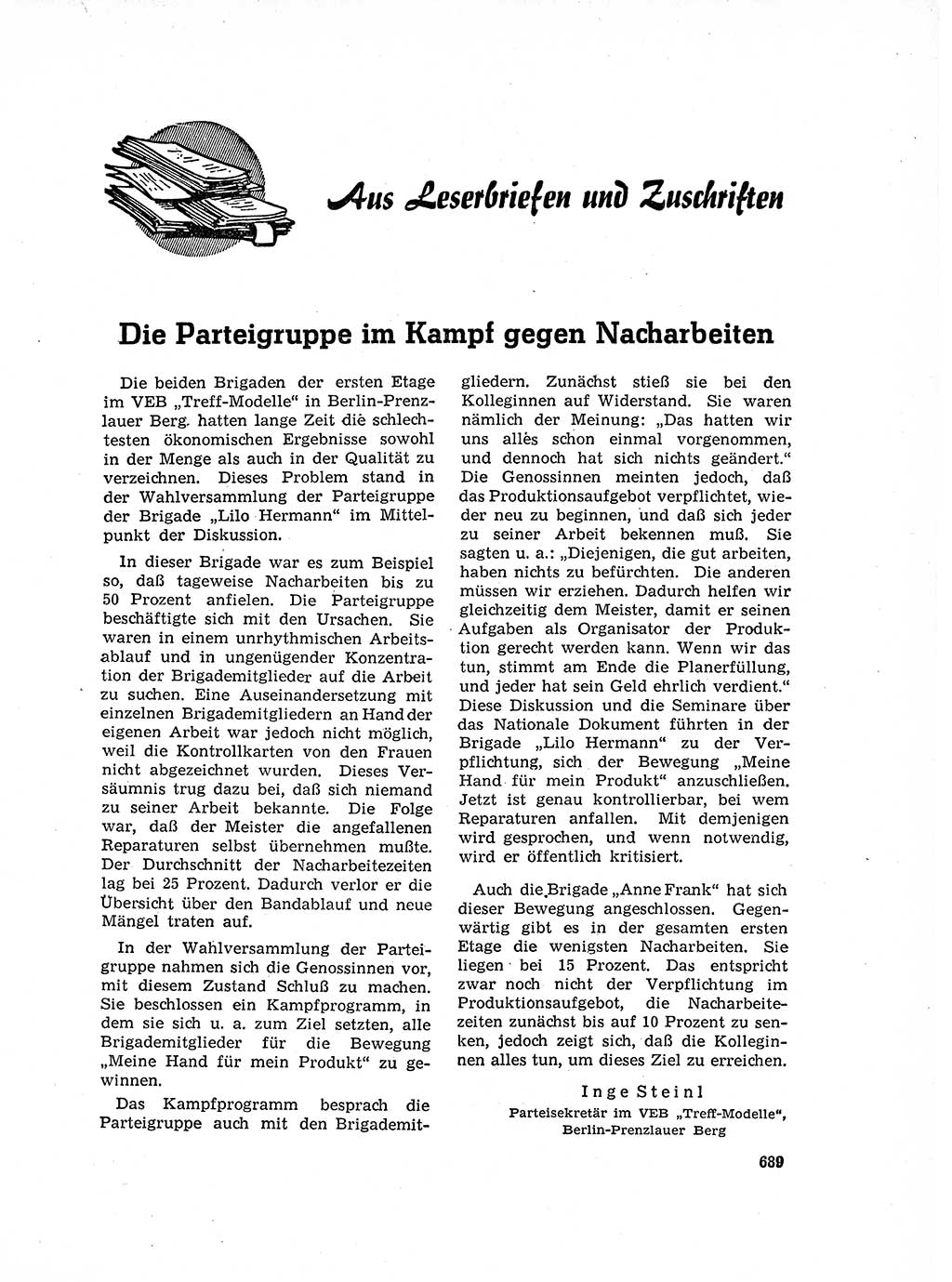 Neuer Weg (NW), Organ des Zentralkomitees (ZK) der SED (Sozialistische Einheitspartei Deutschlands) für Fragen des Parteilebens, 17. Jahrgang [Deutsche Demokratische Republik (DDR)] 1962, Seite 689 (NW ZK SED DDR 1962, S. 689)