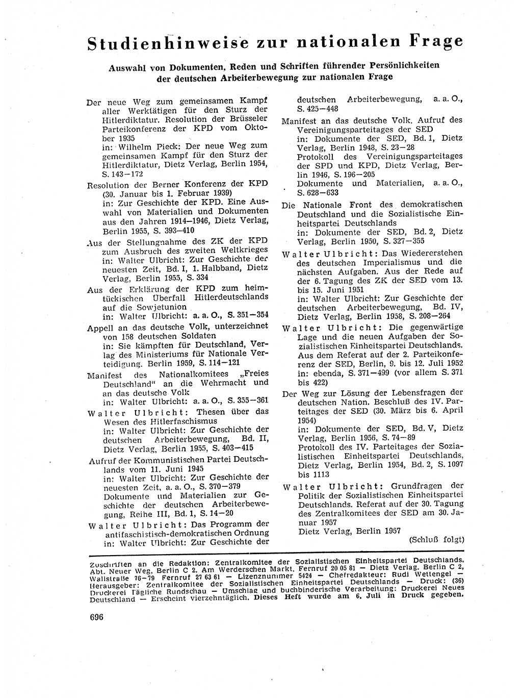 Neuer Weg (NW), Organ des Zentralkomitees (ZK) der SED (Sozialistische Einheitspartei Deutschlands) für Fragen des Parteilebens, 17. Jahrgang [Deutsche Demokratische Republik (DDR)] 1962, Seite 696 (NW ZK SED DDR 1962, S. 696)