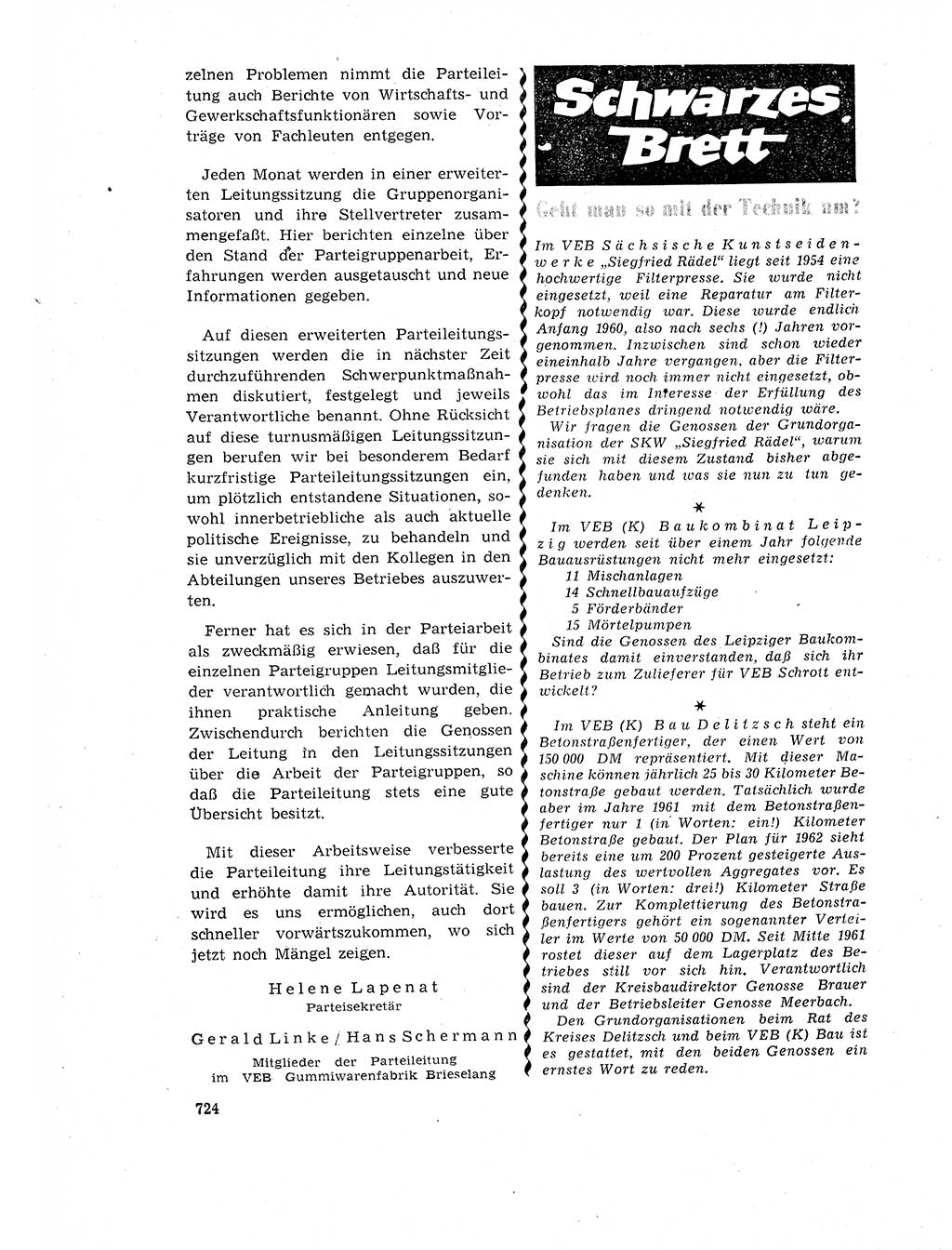 Neuer Weg (NW), Organ des Zentralkomitees (ZK) der SED (Sozialistische Einheitspartei Deutschlands) fÃ¼r Fragen des Parteilebens, 17. Jahrgang [Deutsche Demokratische Republik (DDR)] 1962, Seite 724 (NW ZK SED DDR 1962, S. 724)